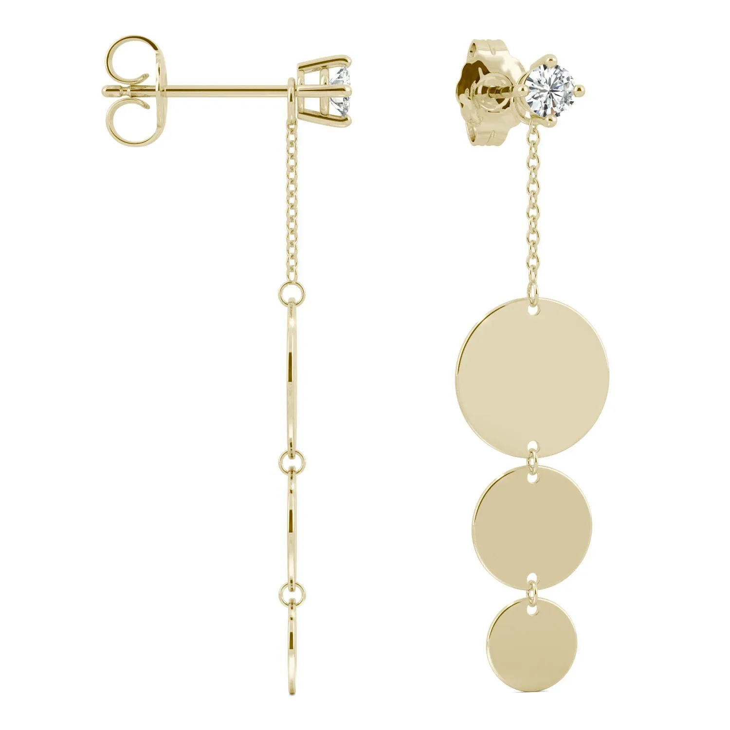 0.20 CTW DEW Moissanite Round Disc Drop Earrings in 14K Yellow Gold