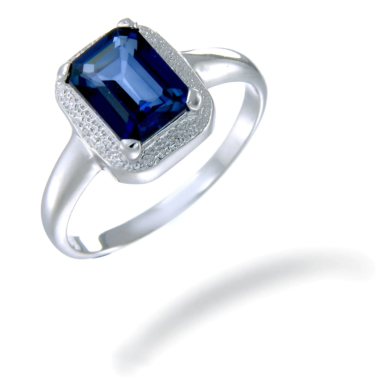 1 cttw Created Blue Sapphire Ring in .925 Sterling Silver Emerald Shape Size 7