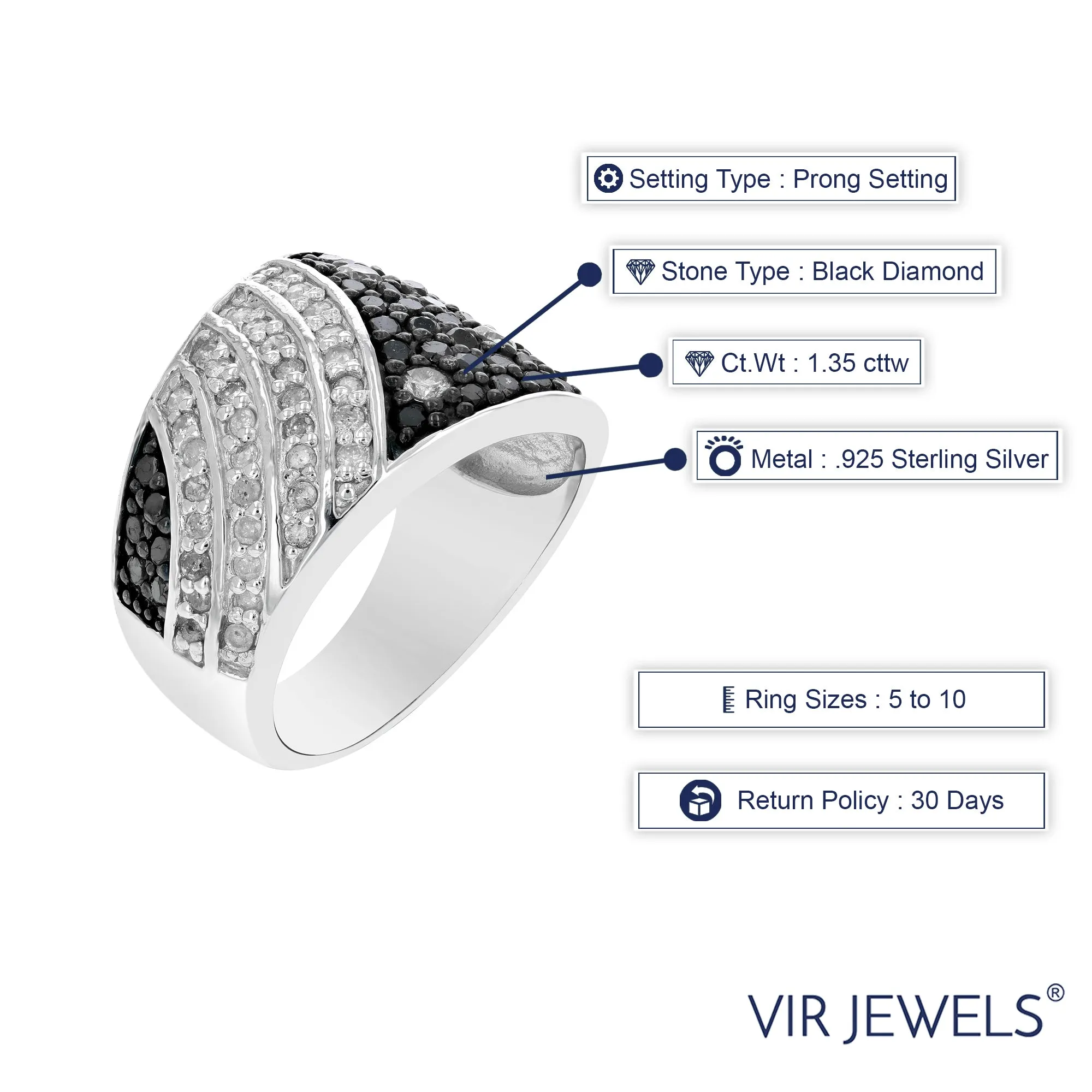 1.35 cttw Black Diamond Dome Statement Ring in Sterling Silver