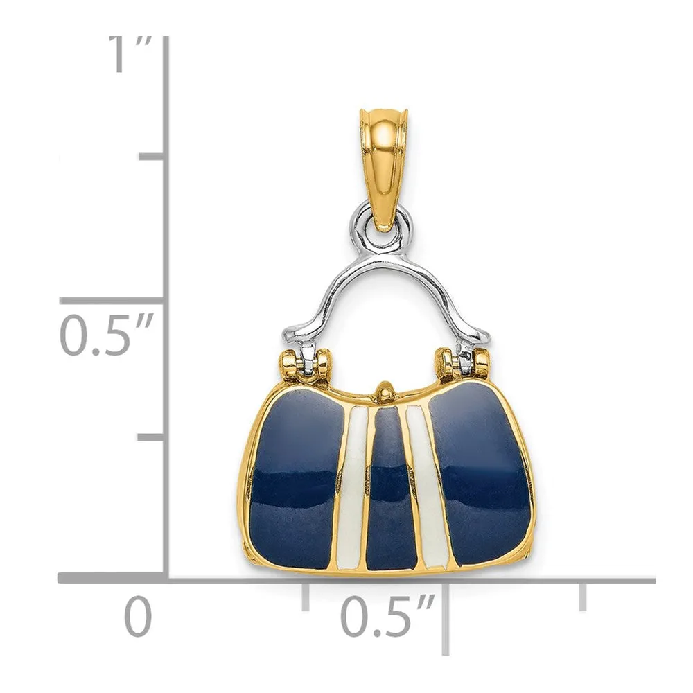 14K & Rhodium 3-D Navy Enameled Handbag Opens Charm