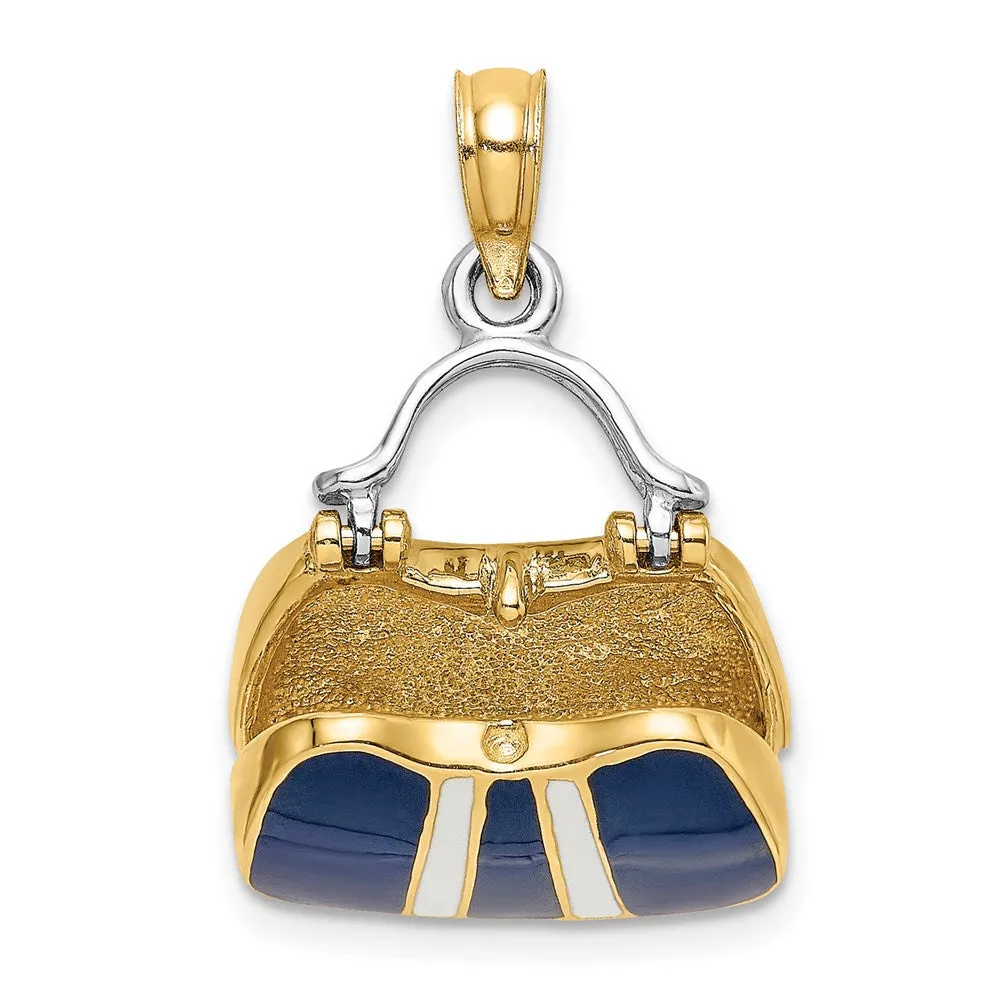 14K & Rhodium 3-D Navy Enameled Handbag Opens Charm