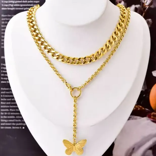 18k Gold Plated Stainless Steel 24" Double Layered Necklaces with Butterfly Pendant Women Non Tarnish Stackable Jewelry