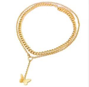18k Gold Plated Stainless Steel 24" Double Layered Necklaces with Butterfly Pendant Women Non Tarnish Stackable Jewelry