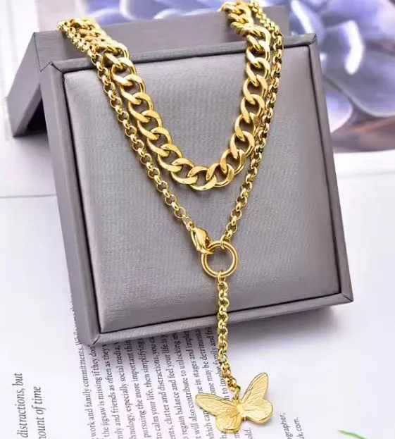 18k Gold Plated Stainless Steel 24" Double Layered Necklaces with Butterfly Pendant Women Non Tarnish Stackable Jewelry