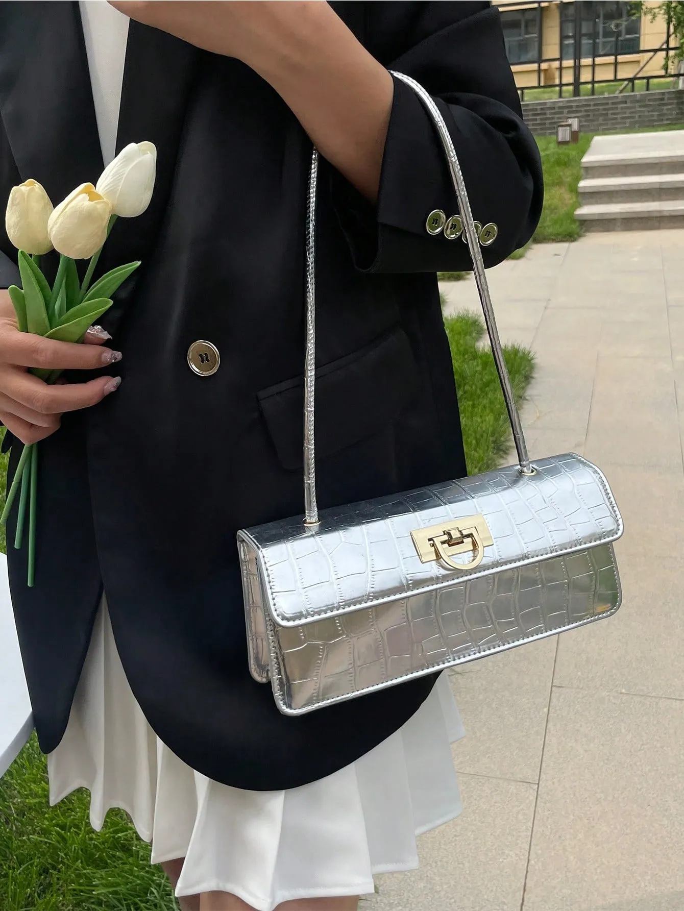 1pc Silver Pu Pebble Texture Crossbody Bag - Silver- FD ⚡
