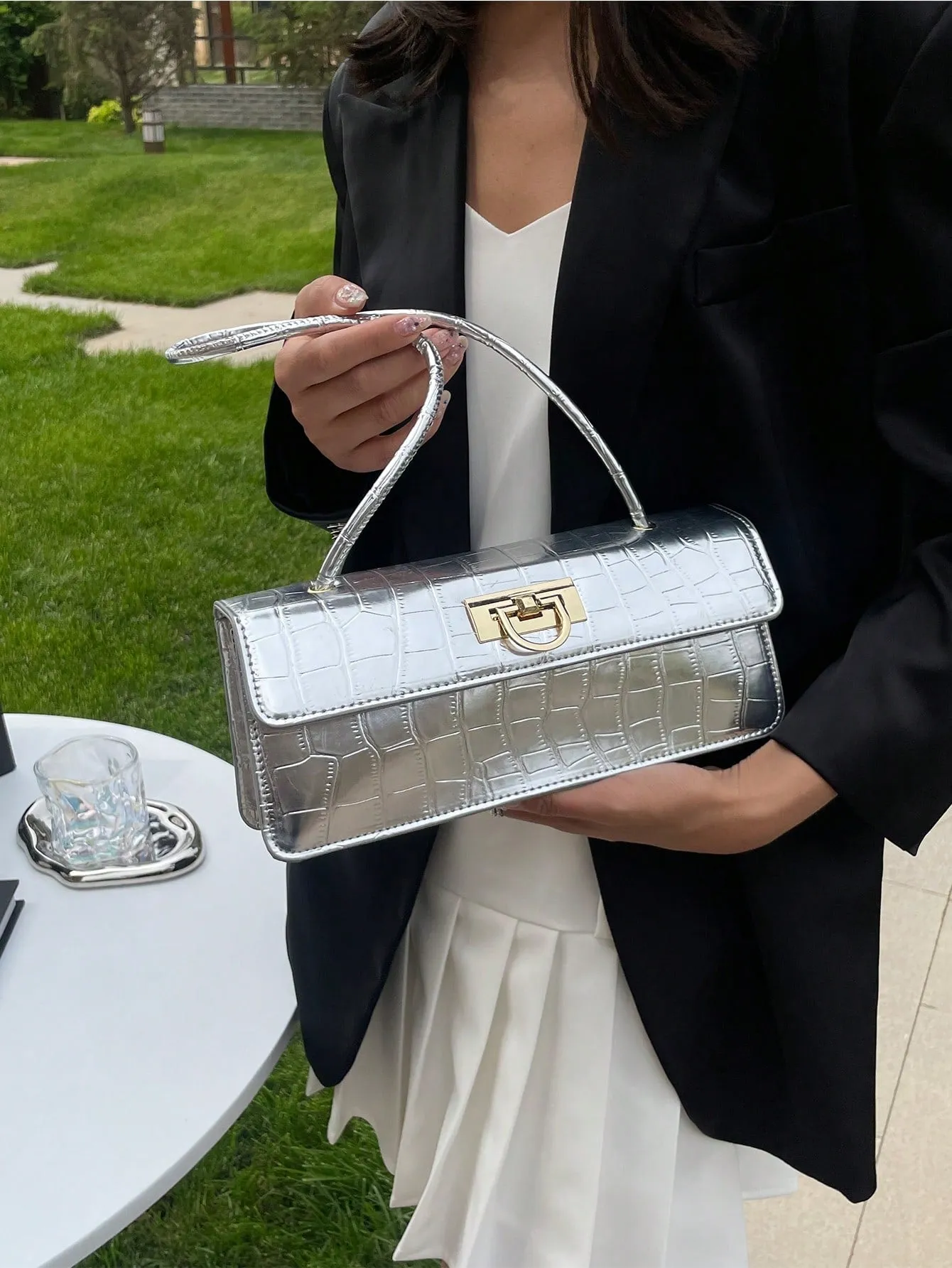 1pc Silver Pu Pebble Texture Crossbody Bag - Silver- FD ⚡
