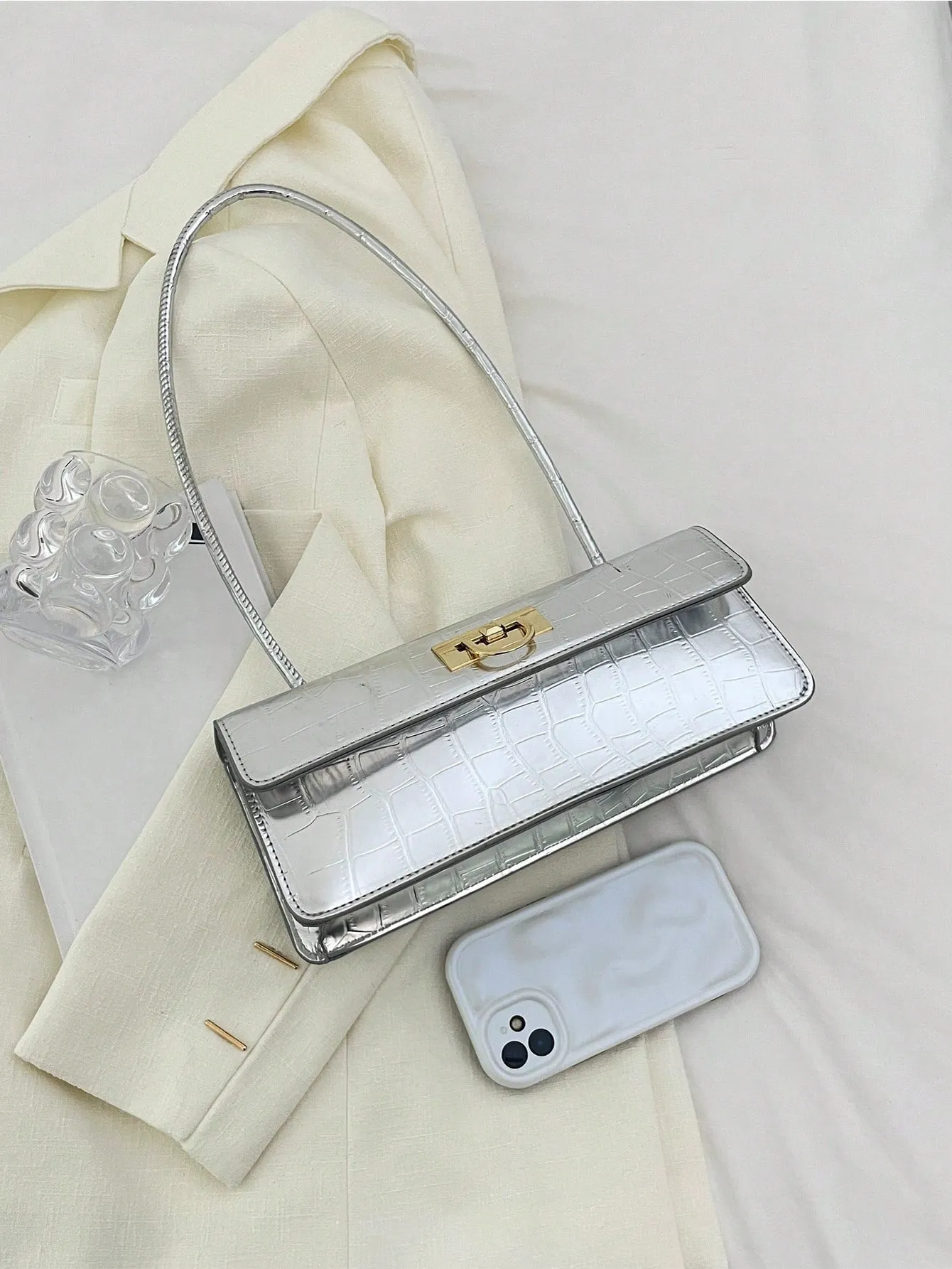 1pc Silver Pu Pebble Texture Crossbody Bag - Silver- FD ⚡