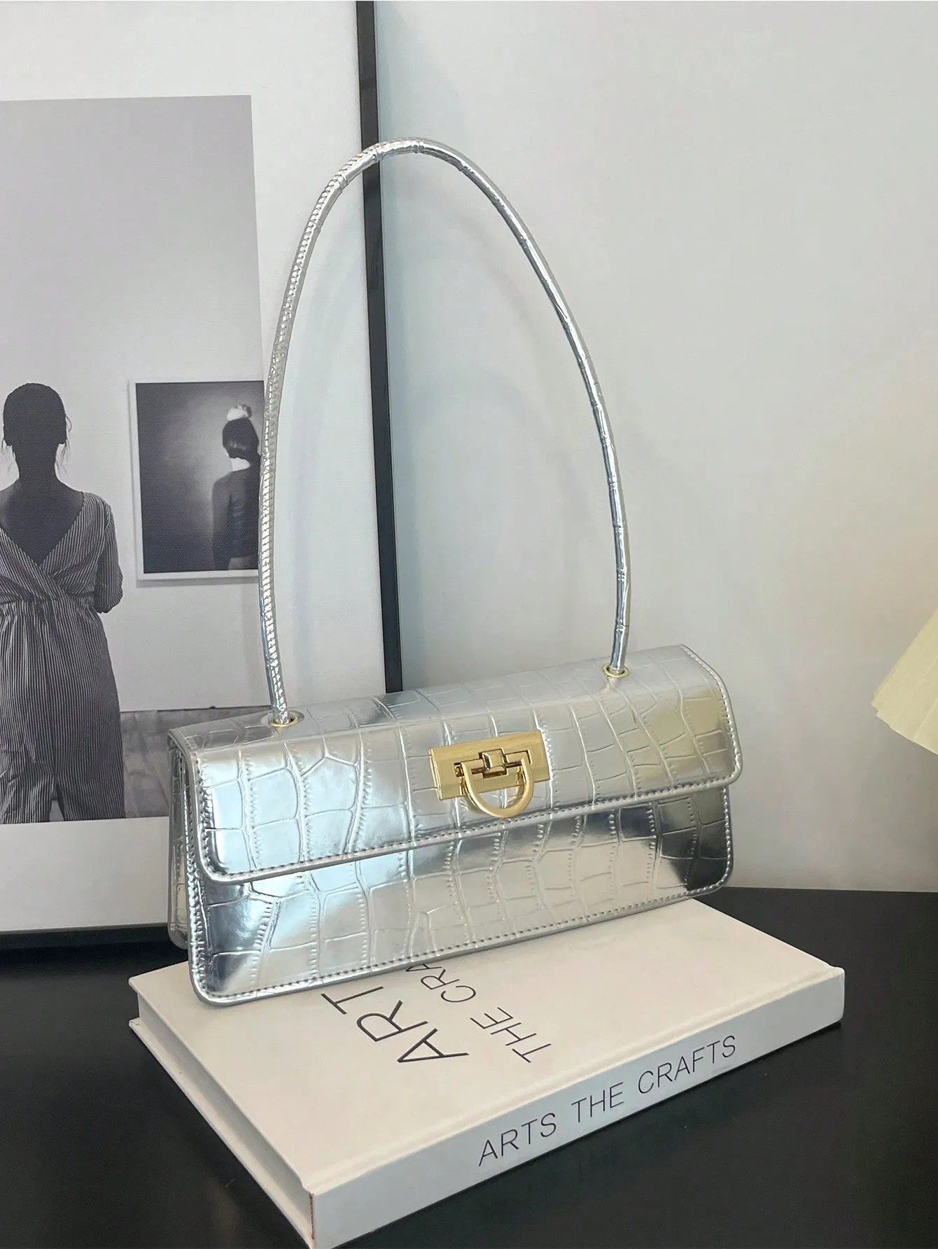 1pc Silver Pu Pebble Texture Crossbody Bag - Silver- FD ⚡