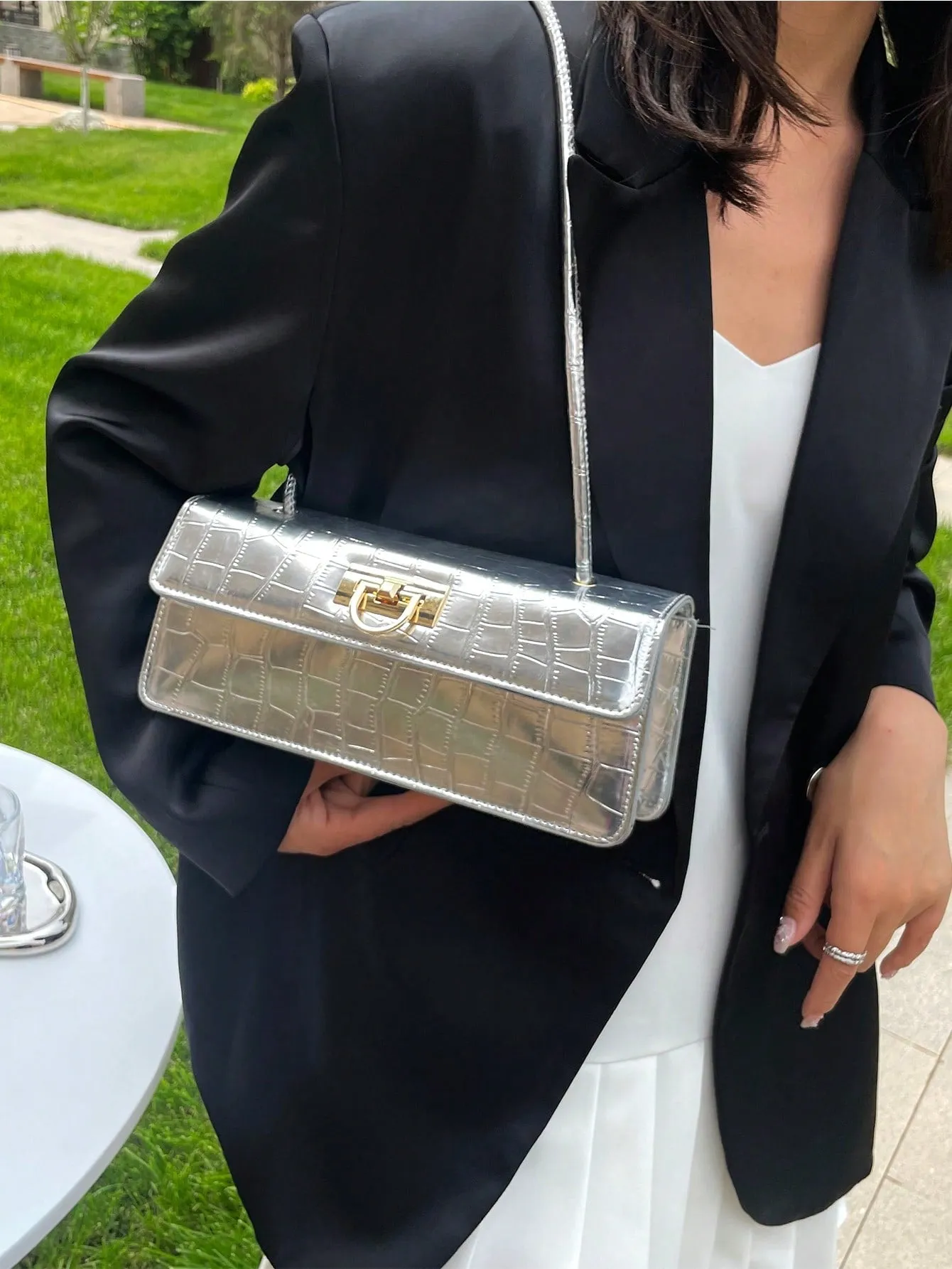 1pc Silver Pu Pebble Texture Crossbody Bag - Silver- FD ⚡