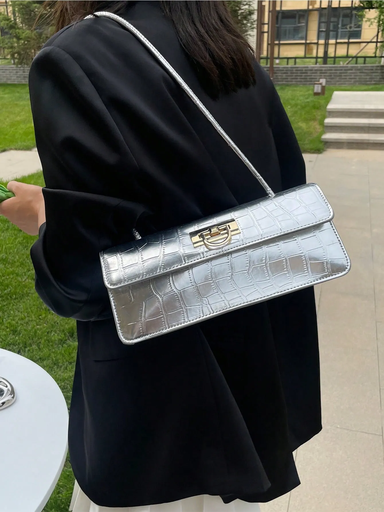 1pc Silver Pu Pebble Texture Crossbody Bag - Silver- FD ⚡