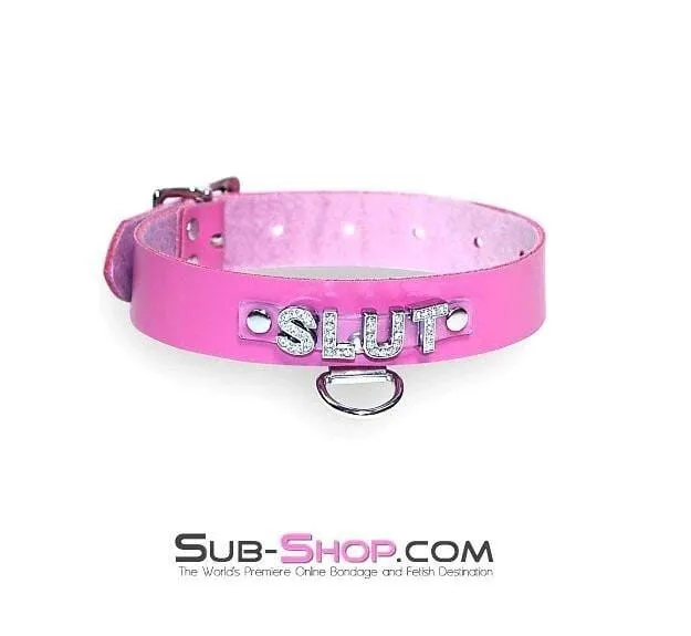 6847A      Hot Pink SLUT Rhinestone Leather Collar
