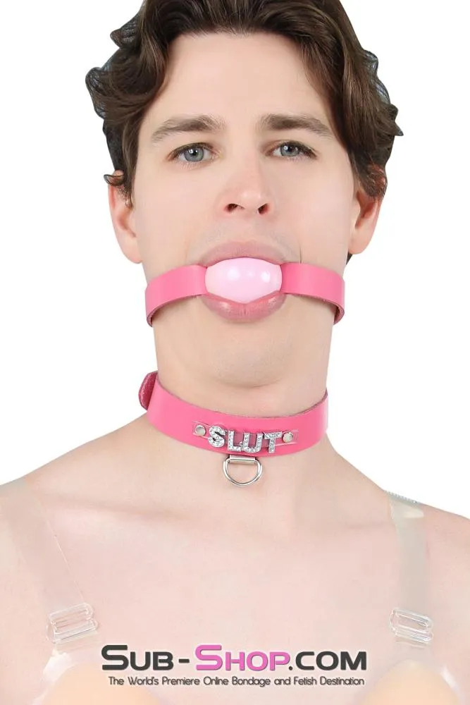 6847A-SIS      Hot Pretty Pink BDSM Roleplay Sissy SLUT Rhinestone Leather Collar