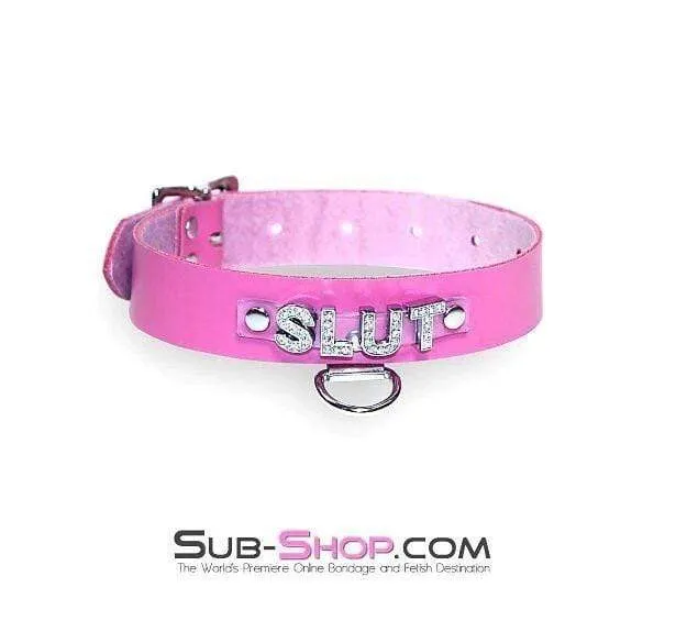 6847A-SIS      Hot Pretty Pink BDSM Roleplay Sissy SLUT Rhinestone Leather Collar