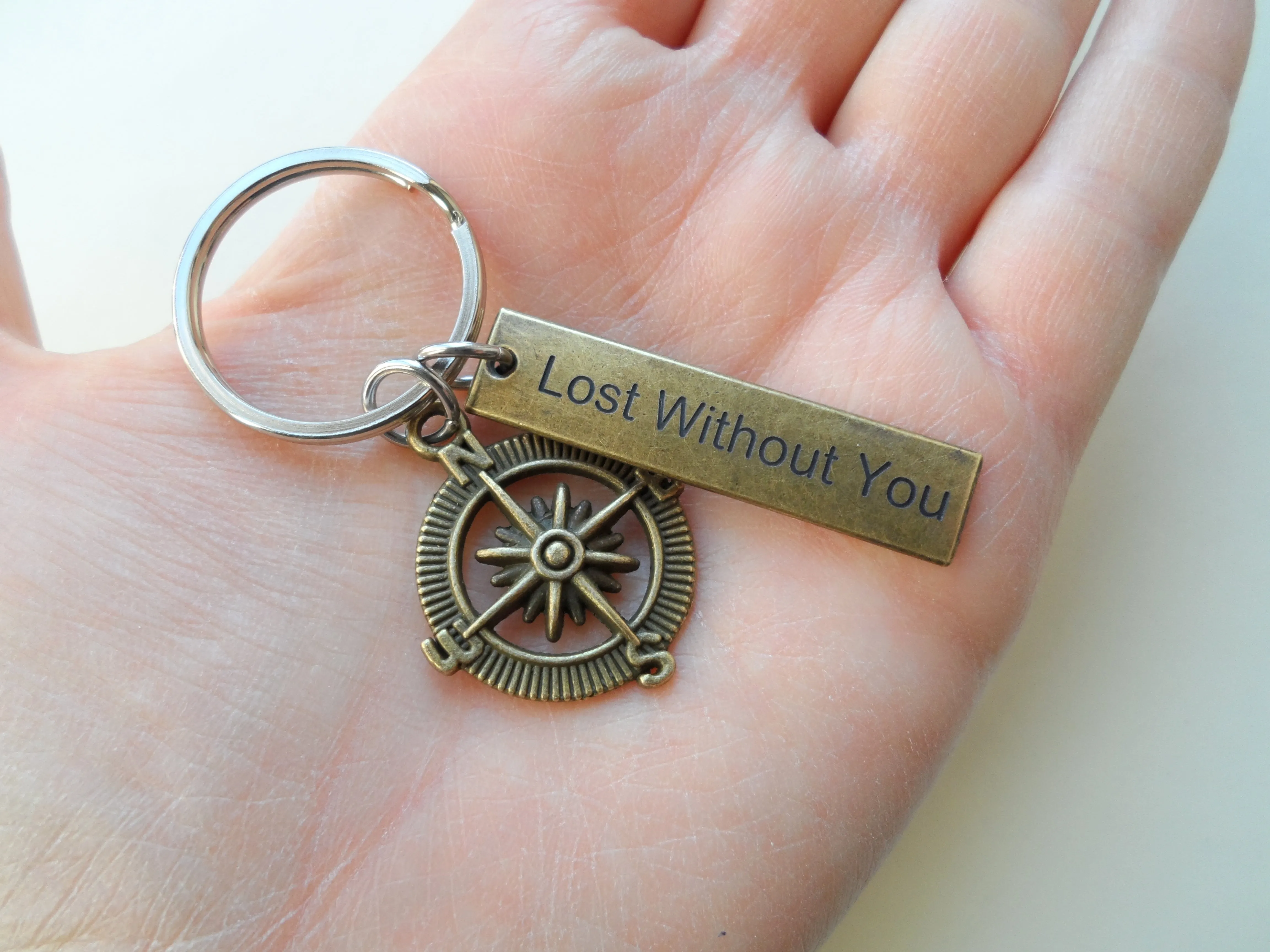 8 Year Anniversary Gift • Bronze Open Metal Compass With Engraved "Lost Without You" Tag Keychain by Jewelry Everyday
