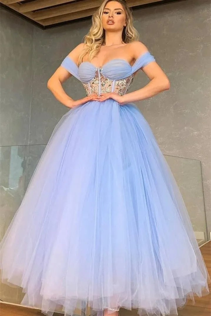 A-line Off-the-shoulder Sweetheart Lace Ankle Length Prom Dress