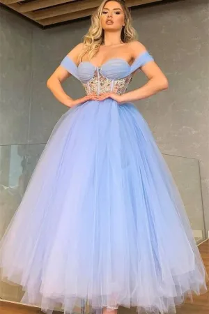 A-line Off-the-shoulder Sweetheart Lace Ankle Length Prom Dress
