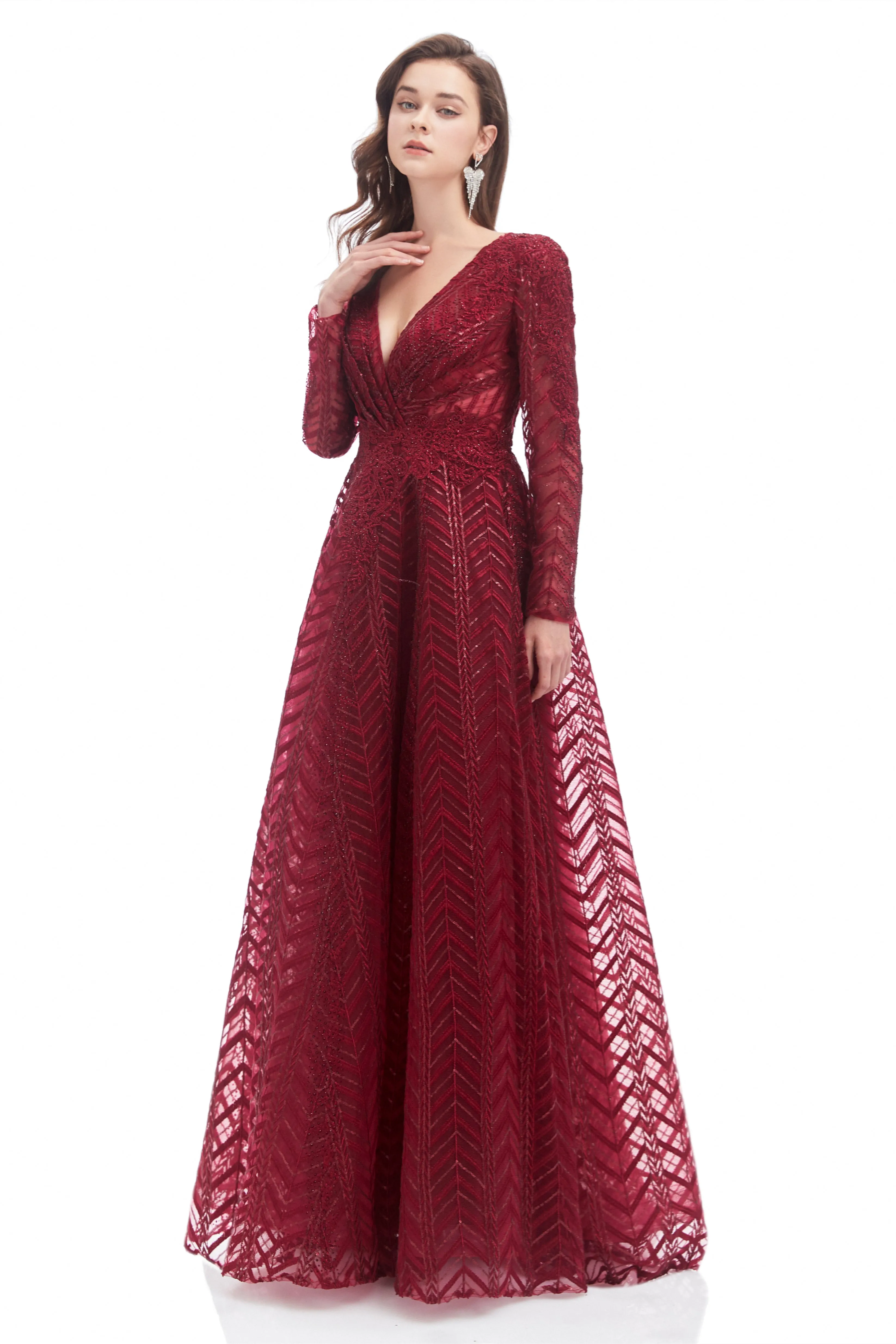 A-line V-neck Floor-length Long Sleeve Lace Sequined Prom Dress