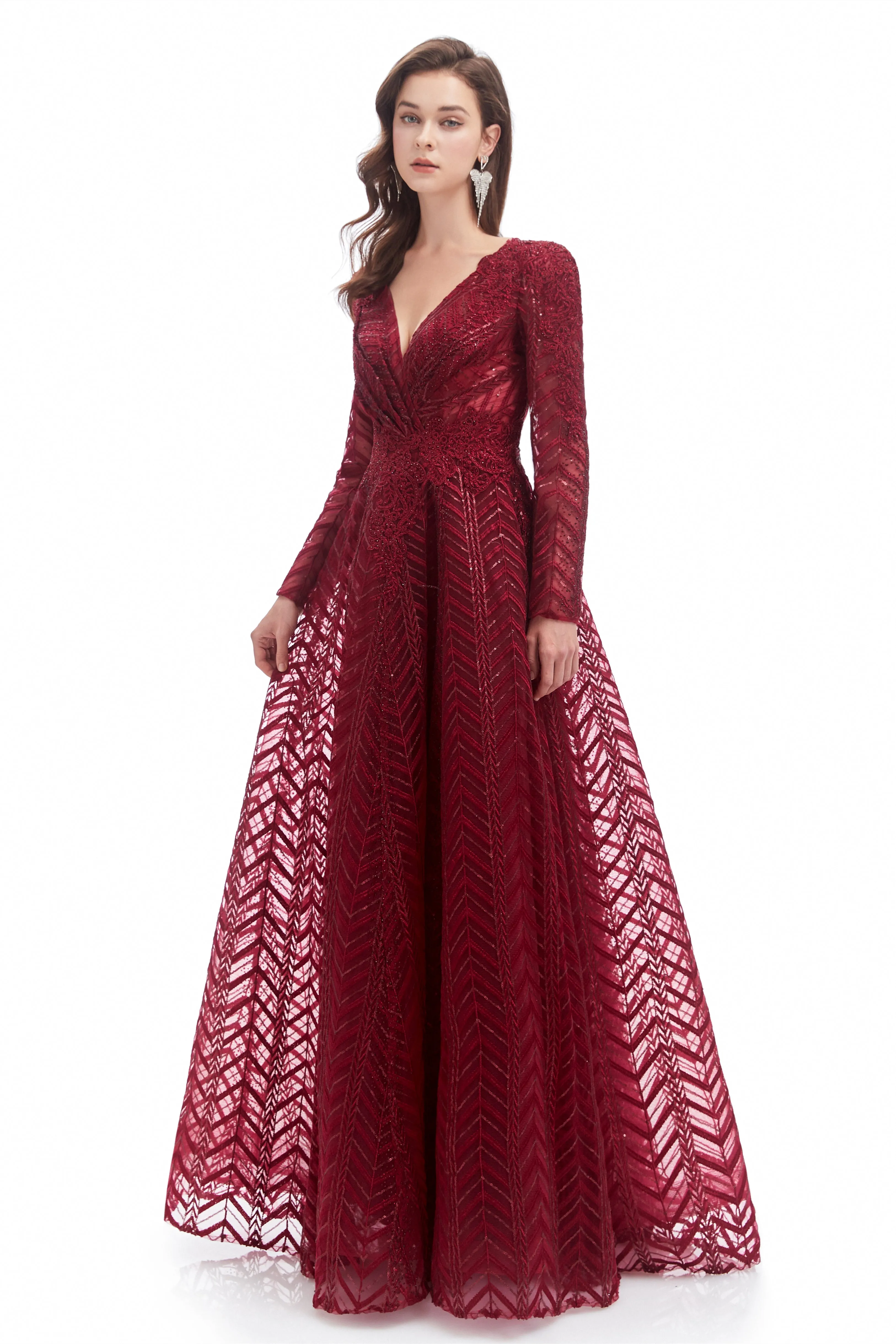 A-line V-neck Floor-length Long Sleeve Lace Sequined Prom Dress