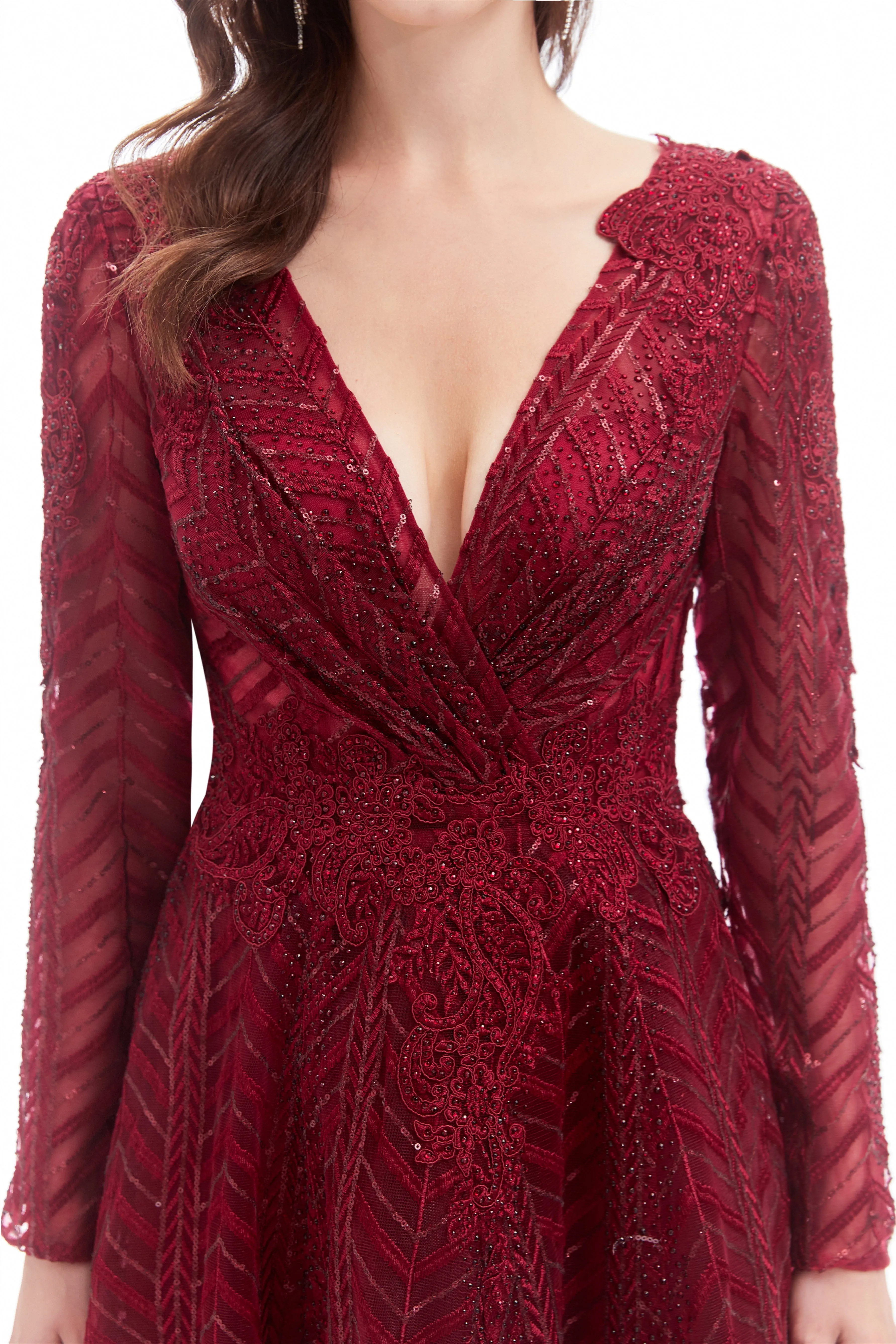 A-line V-neck Floor-length Long Sleeve Lace Sequined Prom Dress