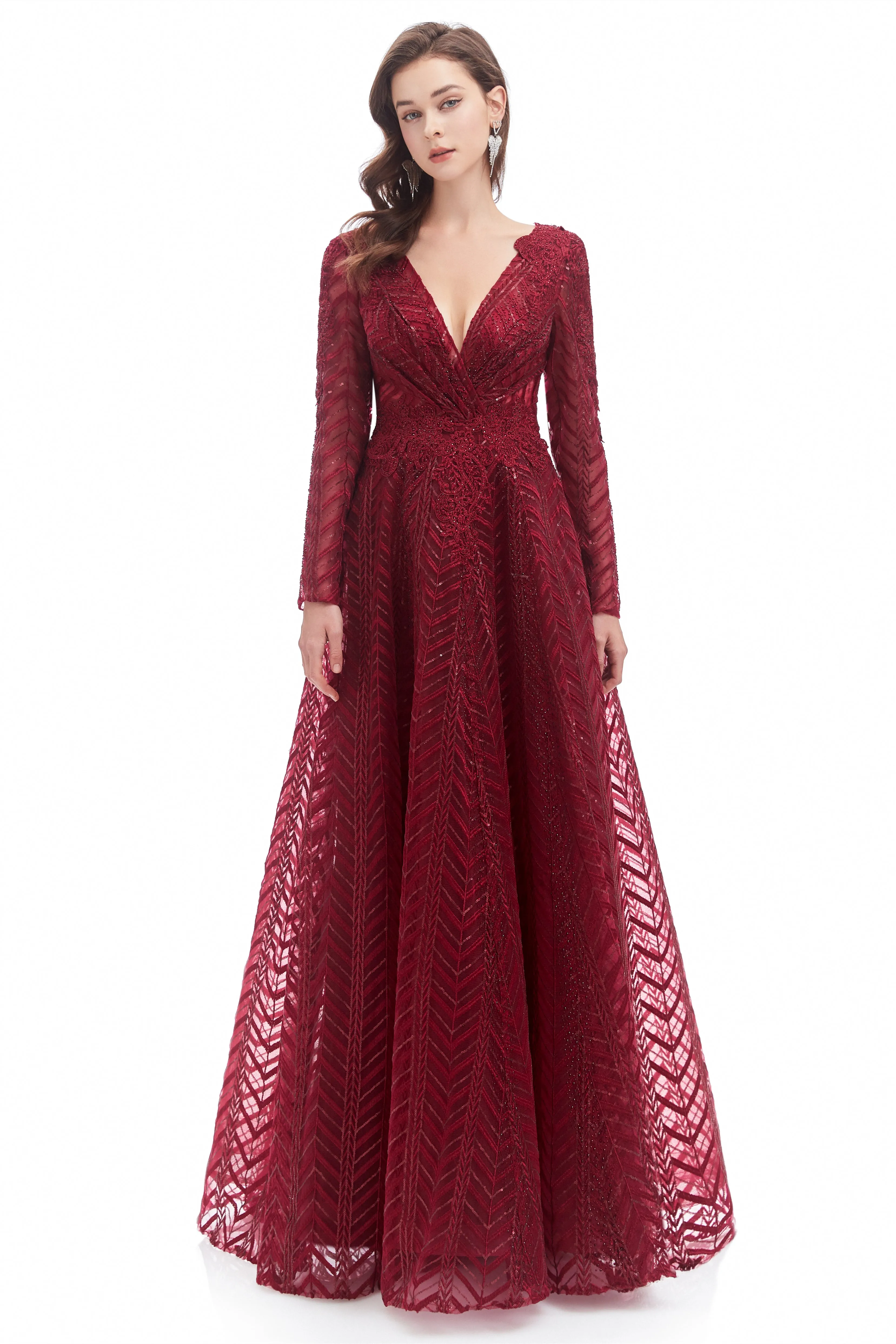 A-line V-neck Floor-length Long Sleeve Lace Sequined Prom Dress