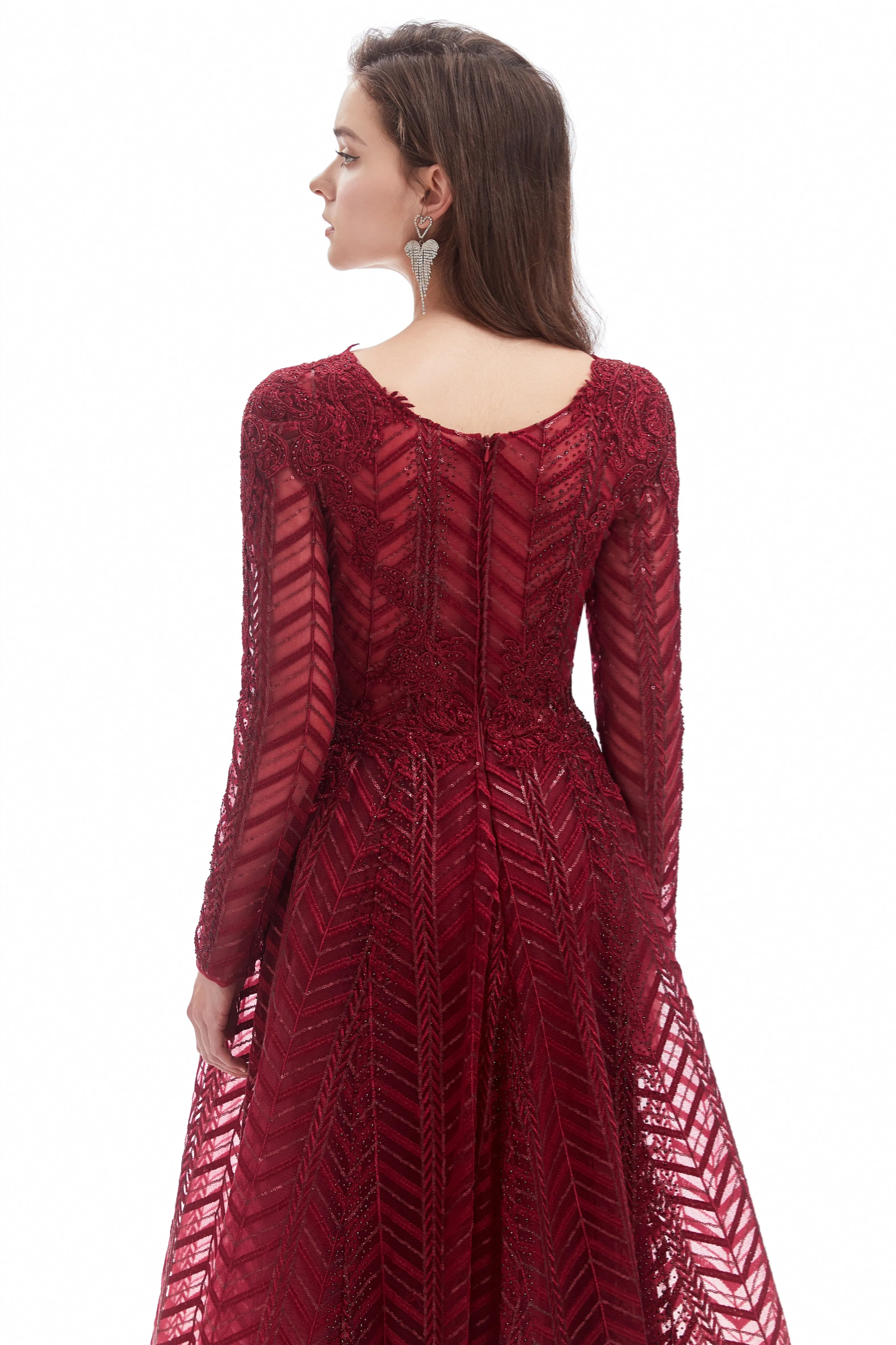 A-line V-neck Floor-length Long Sleeve Lace Sequined Prom Dress