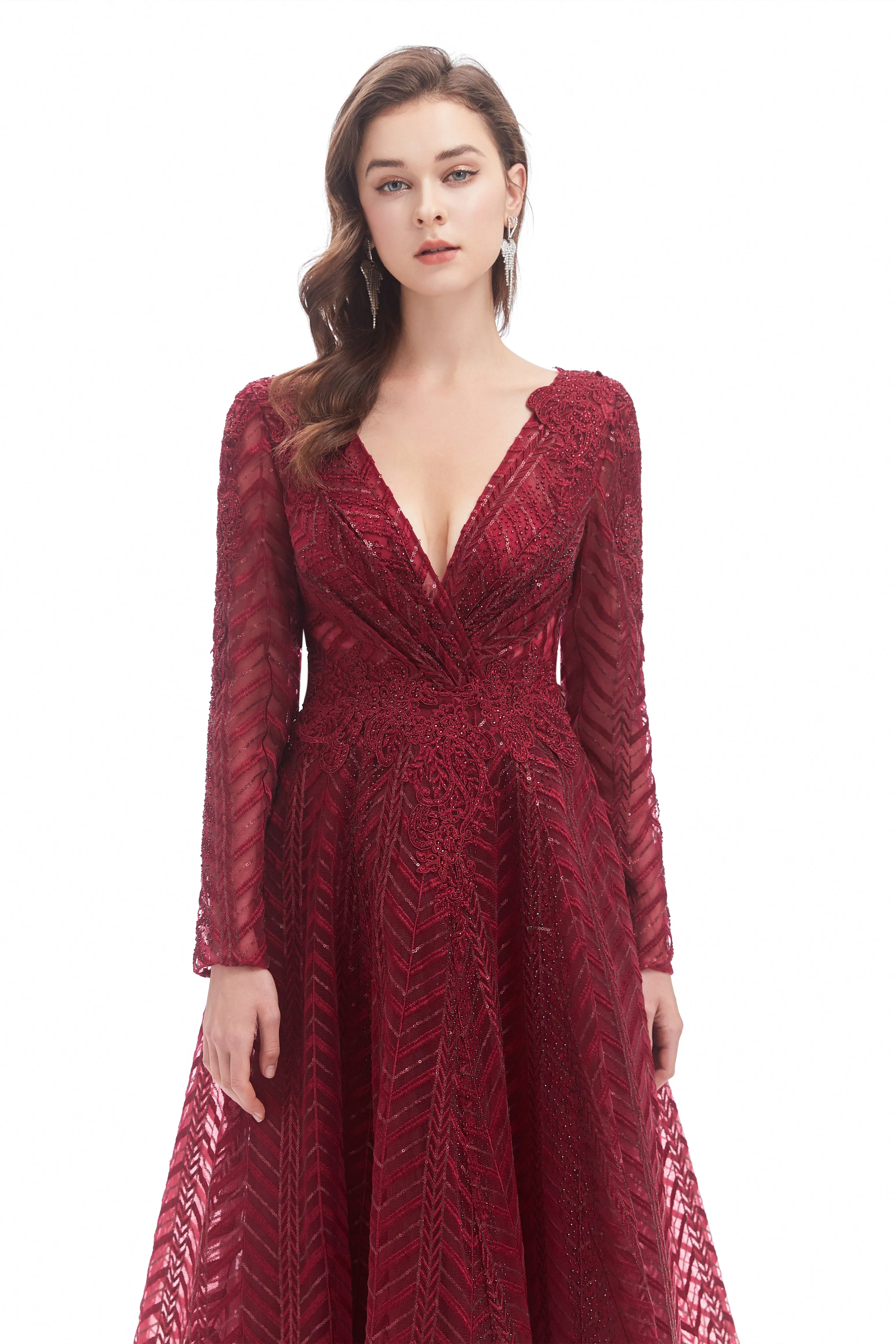 A-line V-neck Floor-length Long Sleeve Lace Sequined Prom Dress