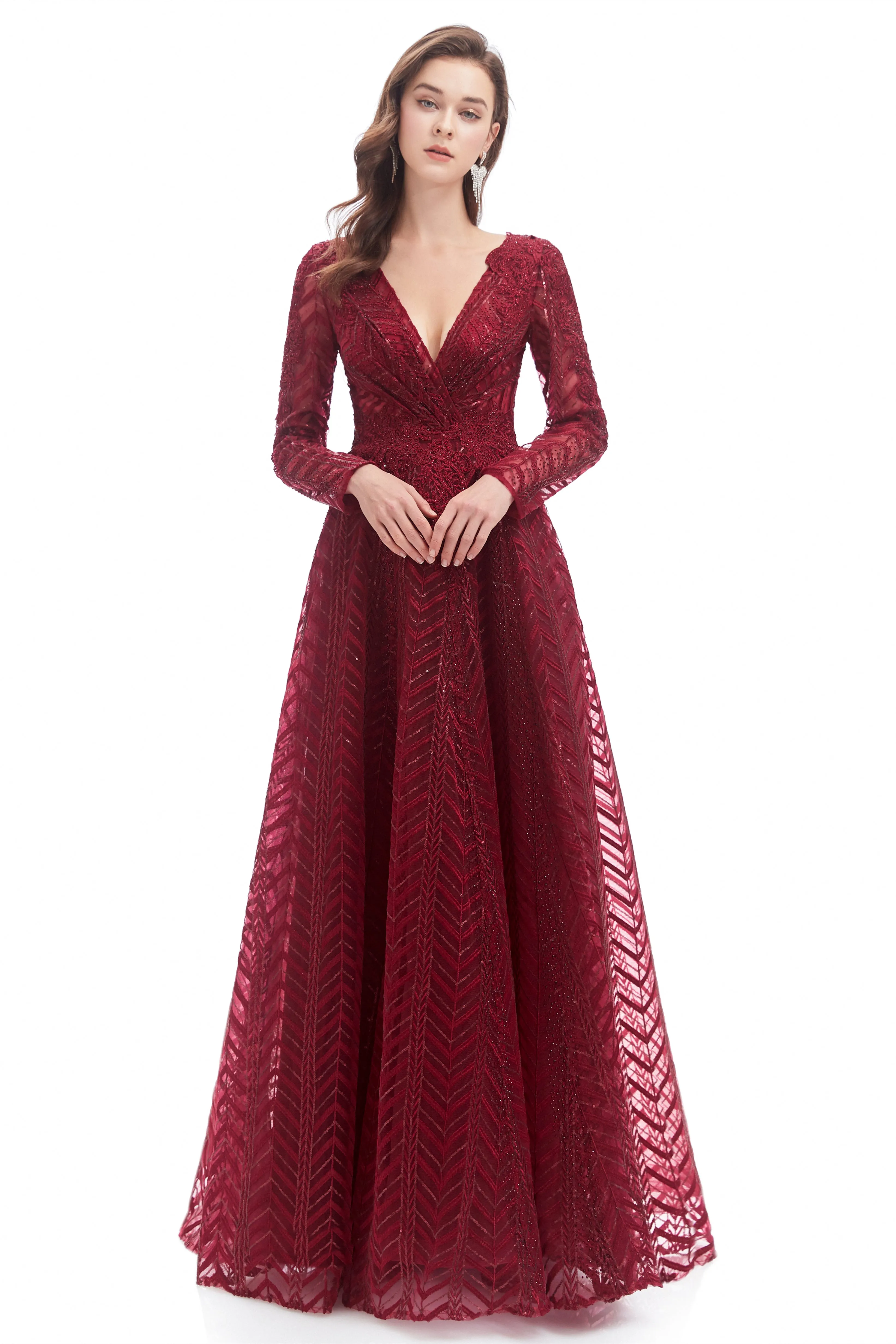 A-line V-neck Floor-length Long Sleeve Lace Sequined Prom Dress