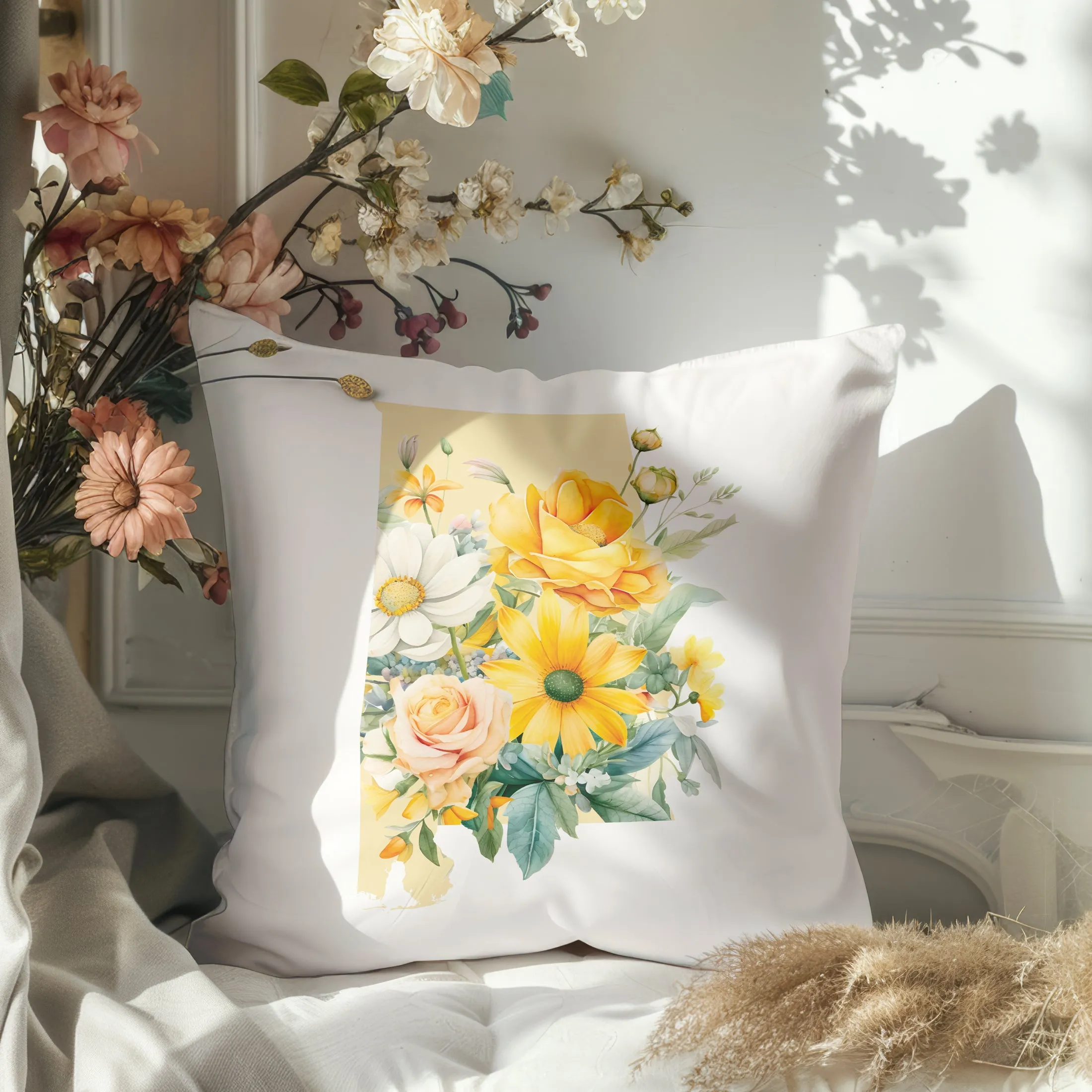 Alabama State Silhouette Pillow with Summer Blooms - 18x18 Inch