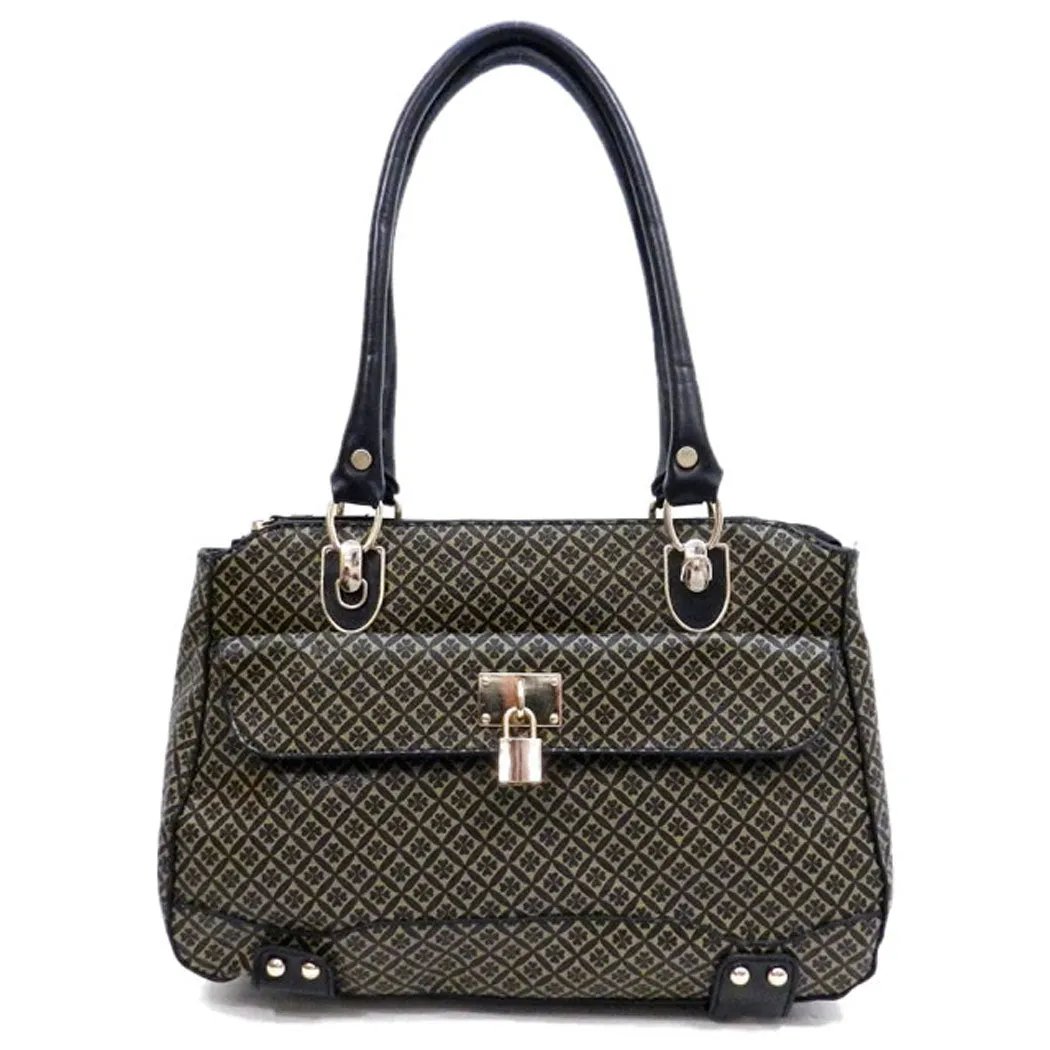 ALBA lock polka signature print satchel Bag Purse Black ivy embossed FM241
