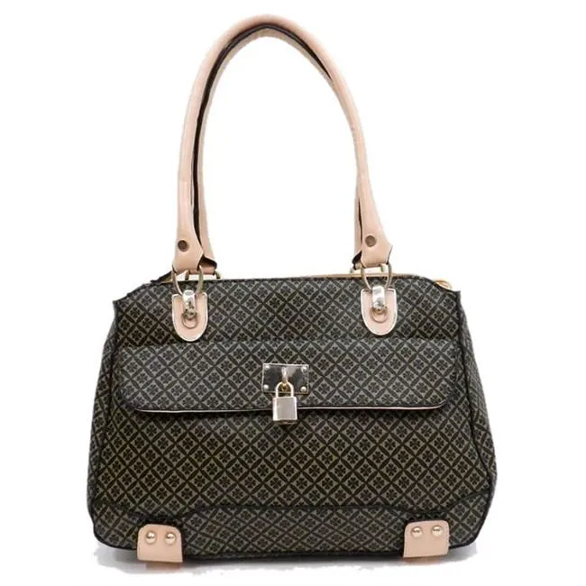 ALBA lock polka signature print satchel Bag Purse Black ivy embossed FM241