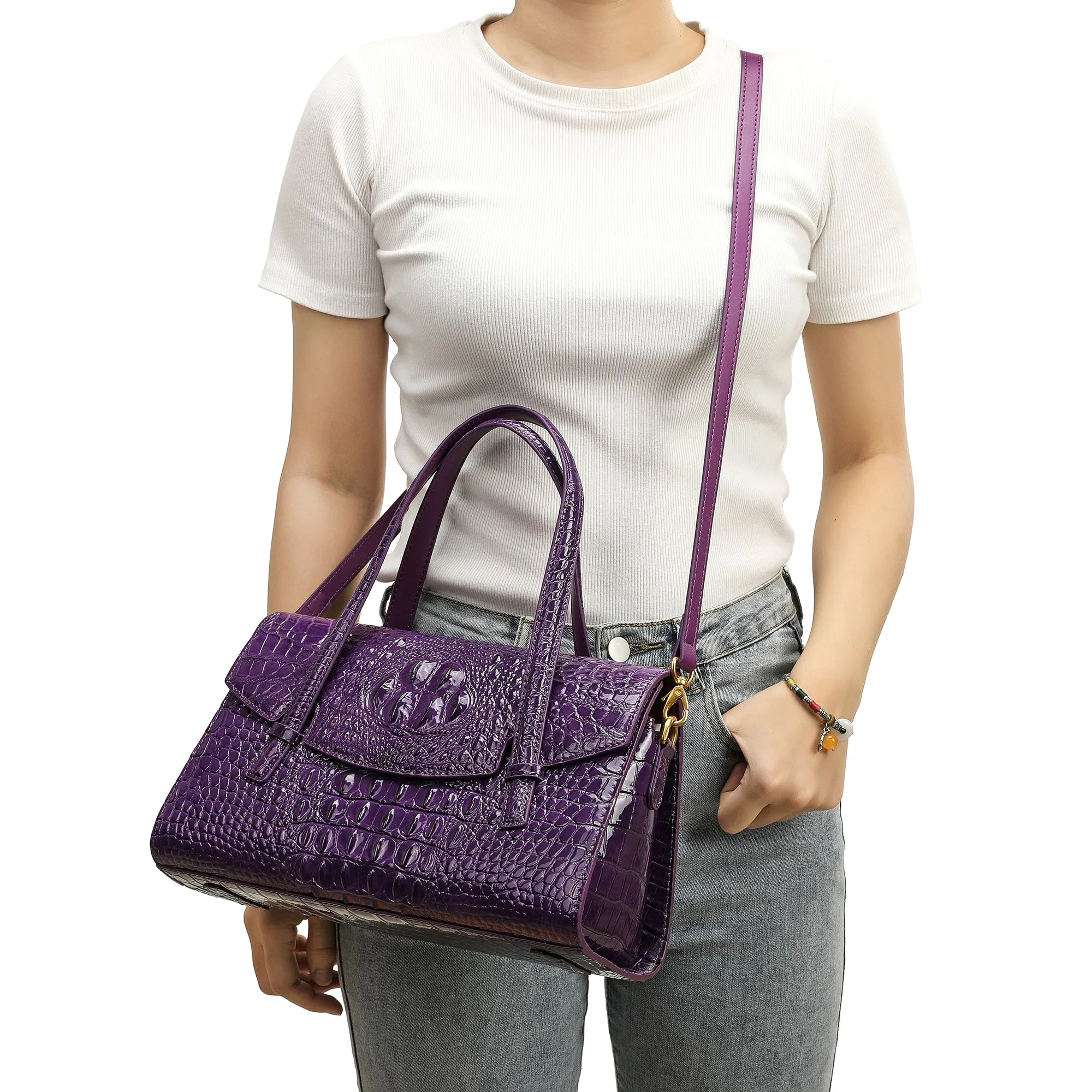 Alligator Embossed Leather Satchel/Shoulder Bag