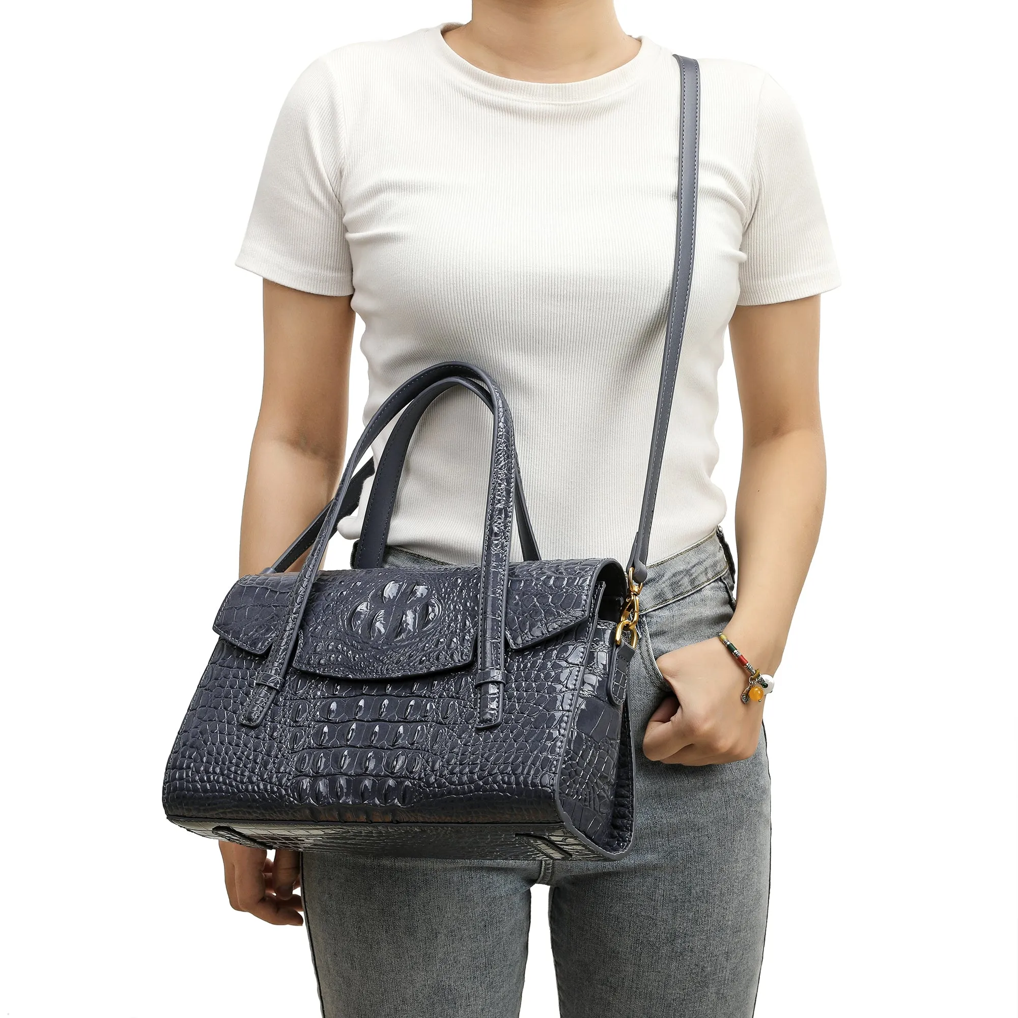 Alligator Embossed Leather Satchel/Shoulder Bag