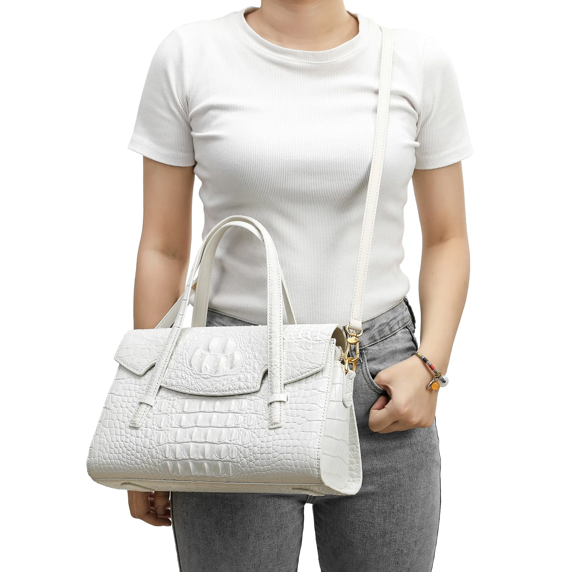 Alligator Embossed Leather Satchel/Shoulder Bag