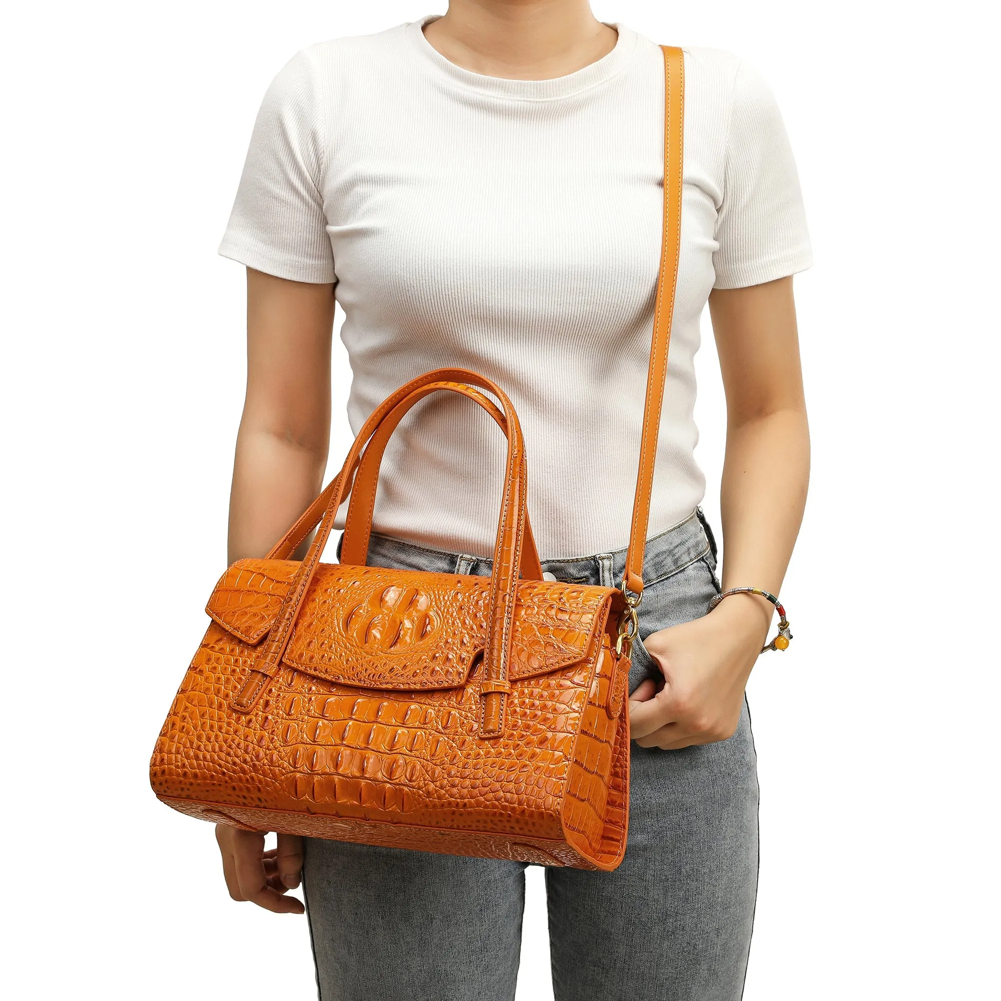 Alligator Embossed Leather Satchel/Shoulder Bag