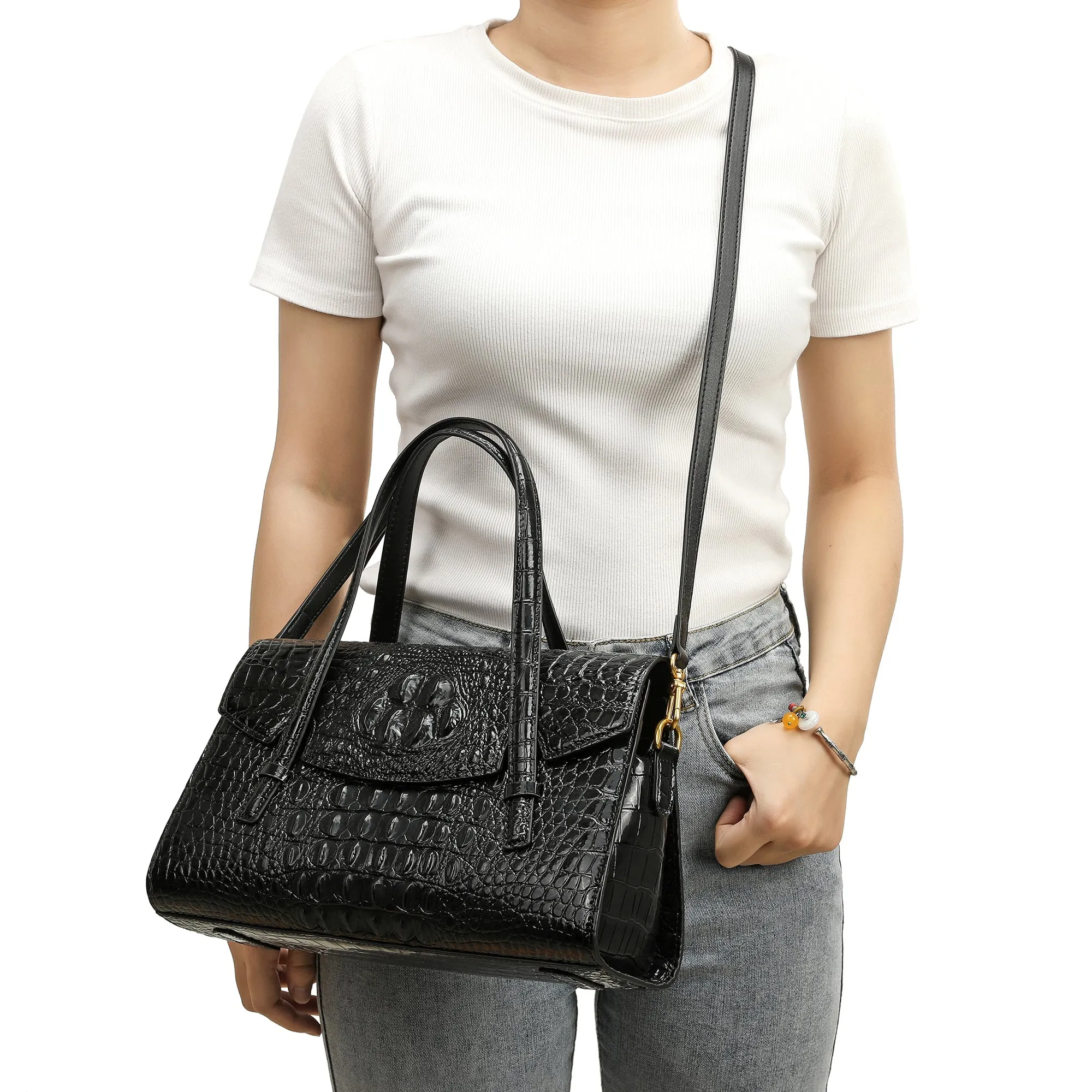 Alligator Embossed Leather Satchel/Shoulder Bag