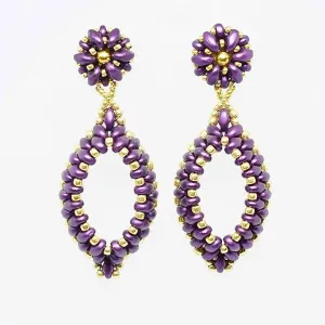Amethyst Purple and Gold Two-Layer Oval Hoop Drop Earrings