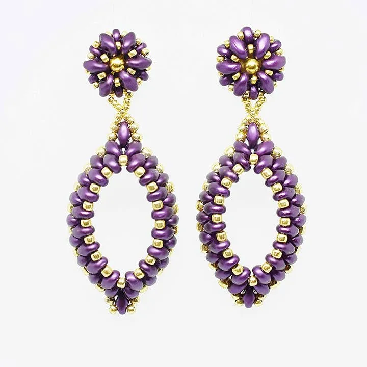 Amethyst Purple and Gold Two-Layer Oval Hoop Drop Earrings