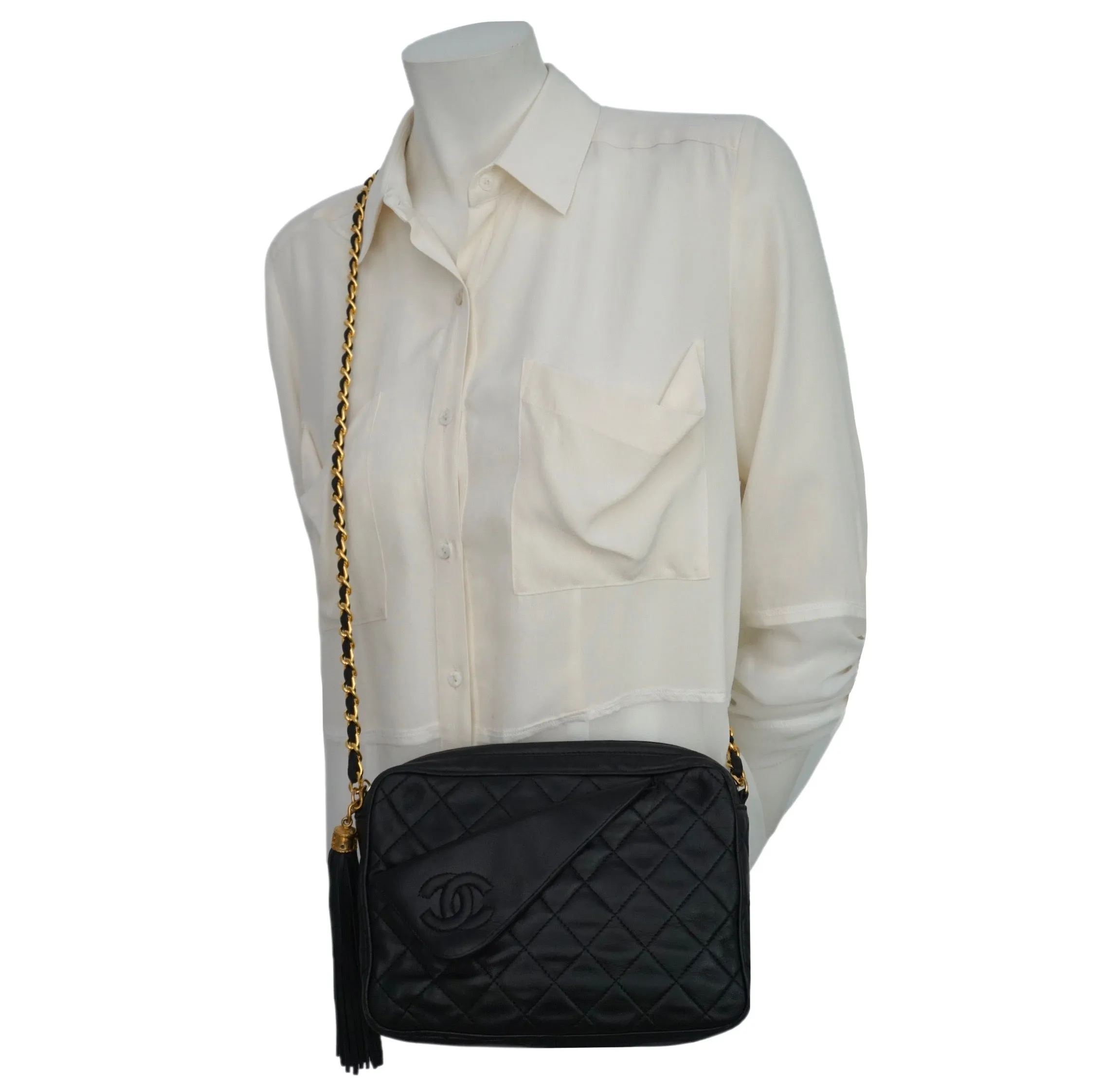 Authentic Chanel Vintage Black Lambskin Camera Style Handbag
