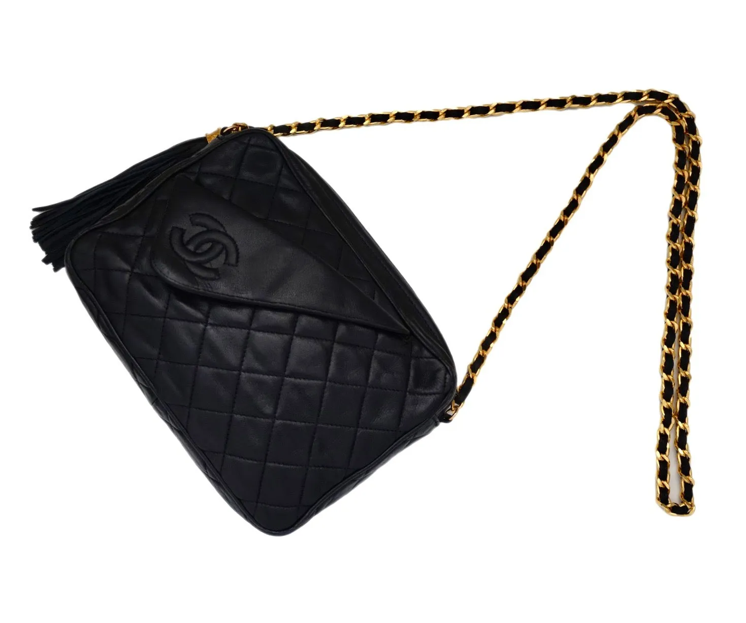 Authentic Chanel Vintage Black Lambskin Camera Style Handbag