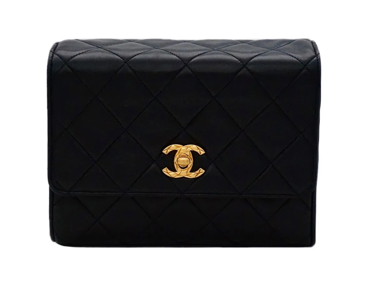 Authentic Chanel Vintage Black Lambskin Rare Etched Chain Mini Flapover