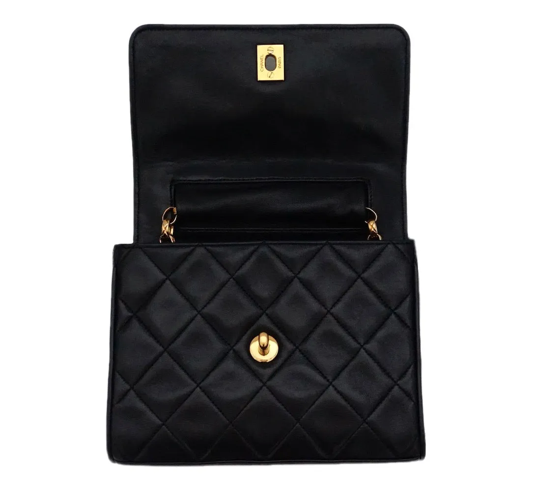 Authentic Chanel Vintage Black Lambskin Rare Etched Chain Mini Flapover