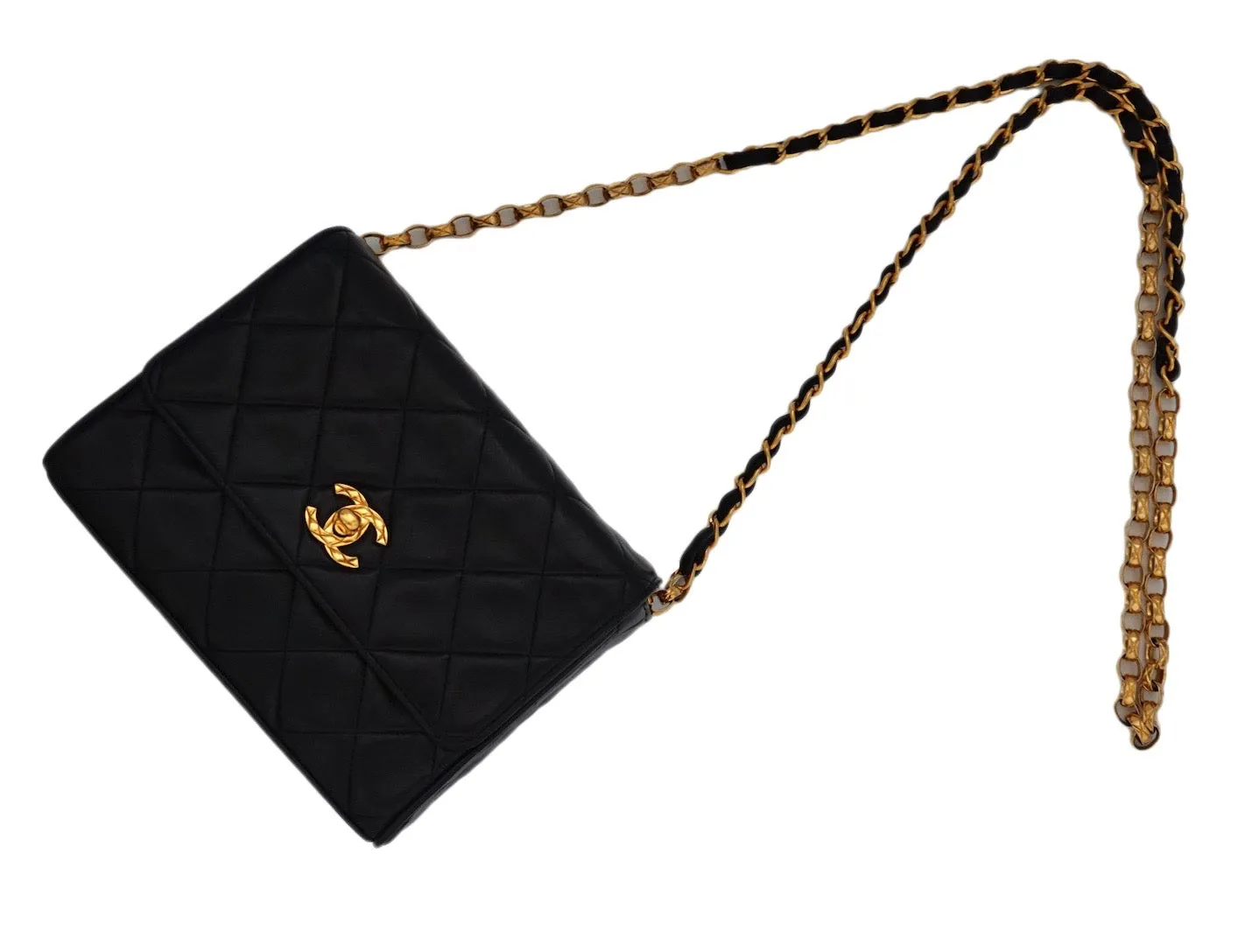 Authentic Chanel Vintage Black Lambskin Rare Etched Chain Mini Flapover