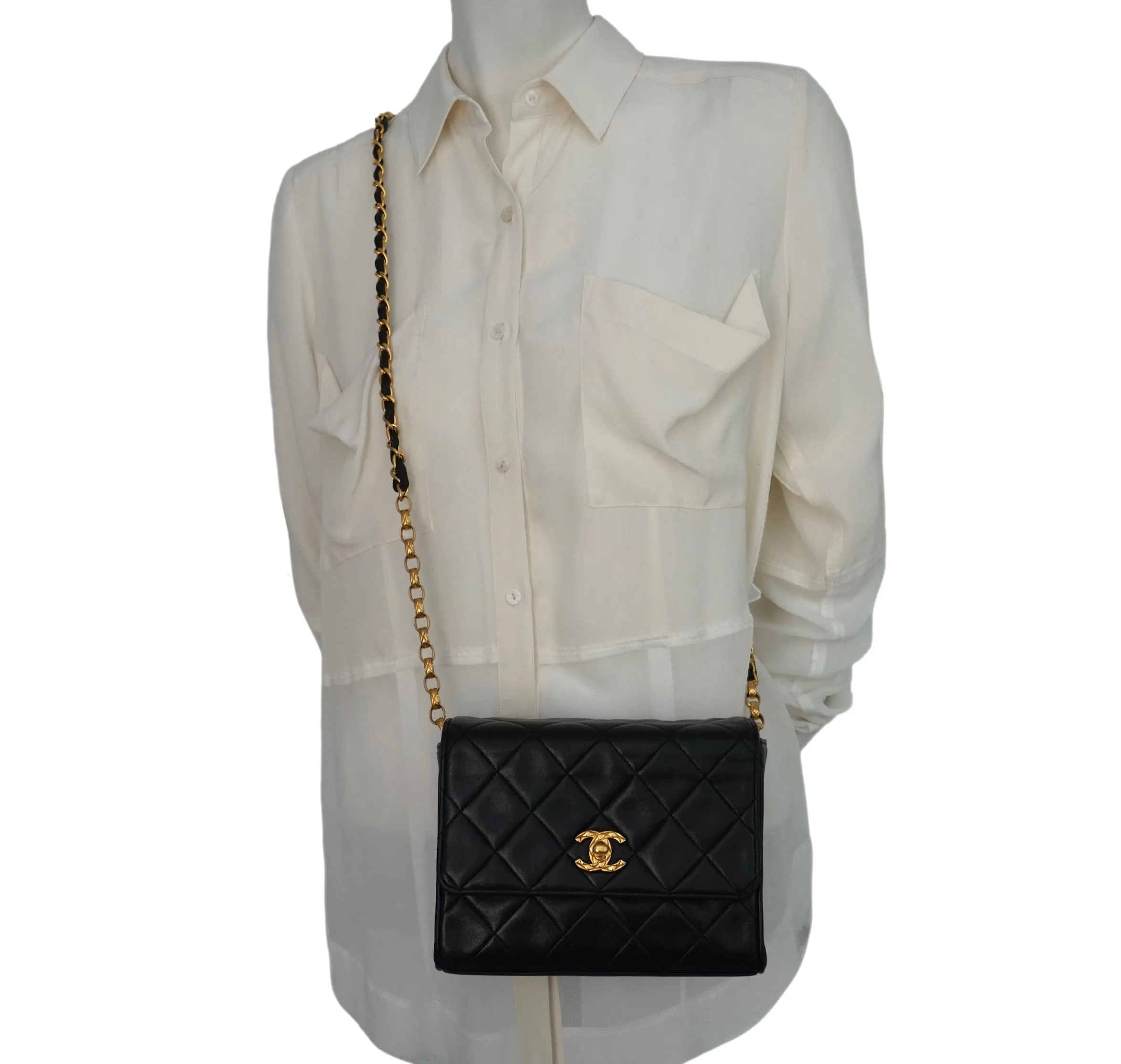 Authentic Chanel Vintage Black Lambskin Rare Etched Chain Mini Flapover