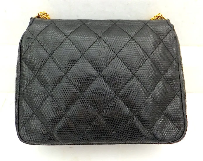Authentic Chanel Vintage One of a Kind Black Quilted Lizard Thick Chain Handbag