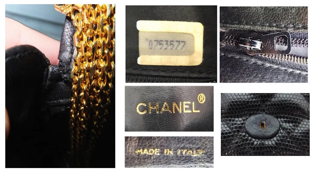 Authentic Chanel Vintage One of a Kind Black Quilted Lizard Thick Chain Handbag