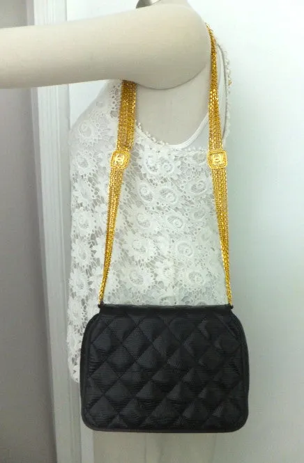 Authentic Chanel Vintage One of a Kind Black Quilted Lizard Thick Chain Handbag