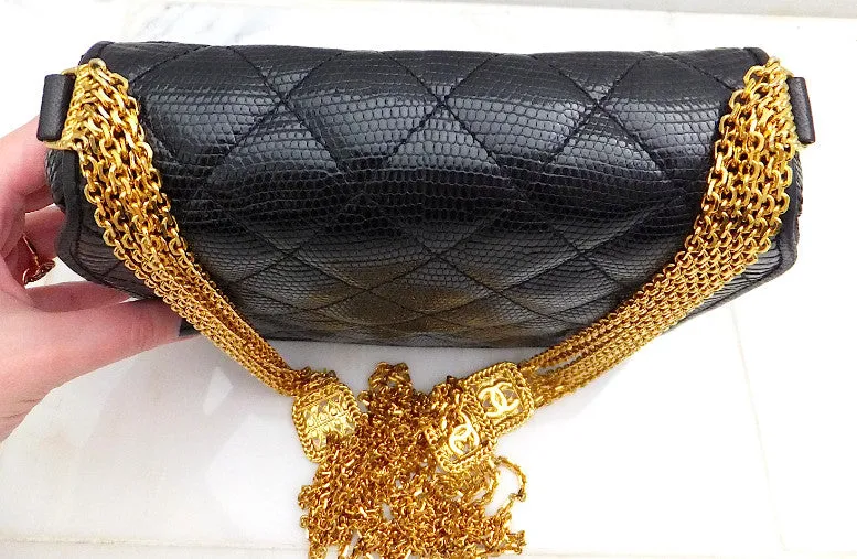 Authentic Chanel Vintage One of a Kind Black Quilted Lizard Thick Chain Handbag