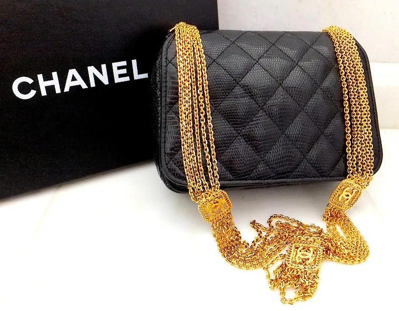 Authentic Chanel Vintage One of a Kind Black Quilted Lizard Thick Chain Handbag