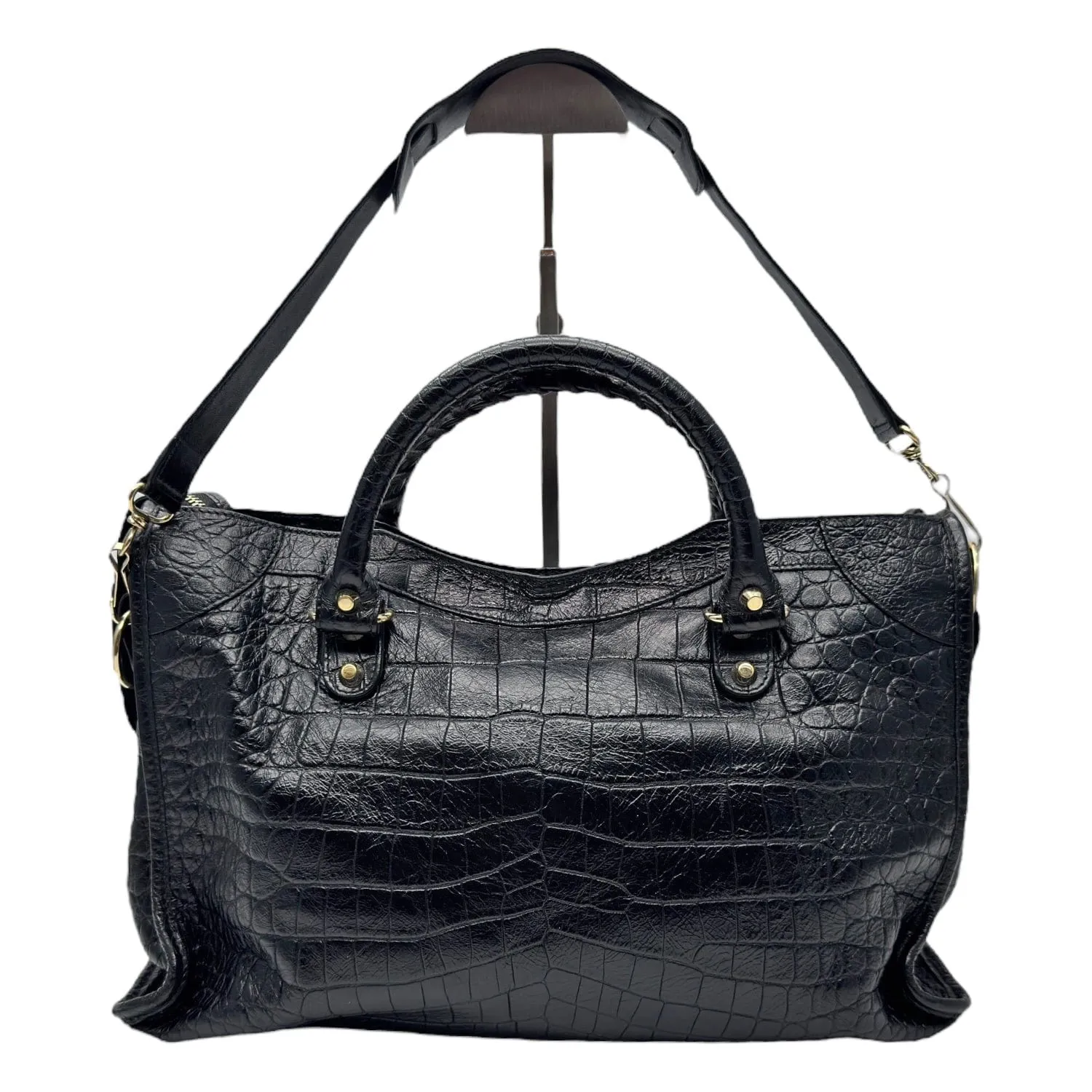 BALENCIAGA Croc-Embossed Leather City Bag - Black