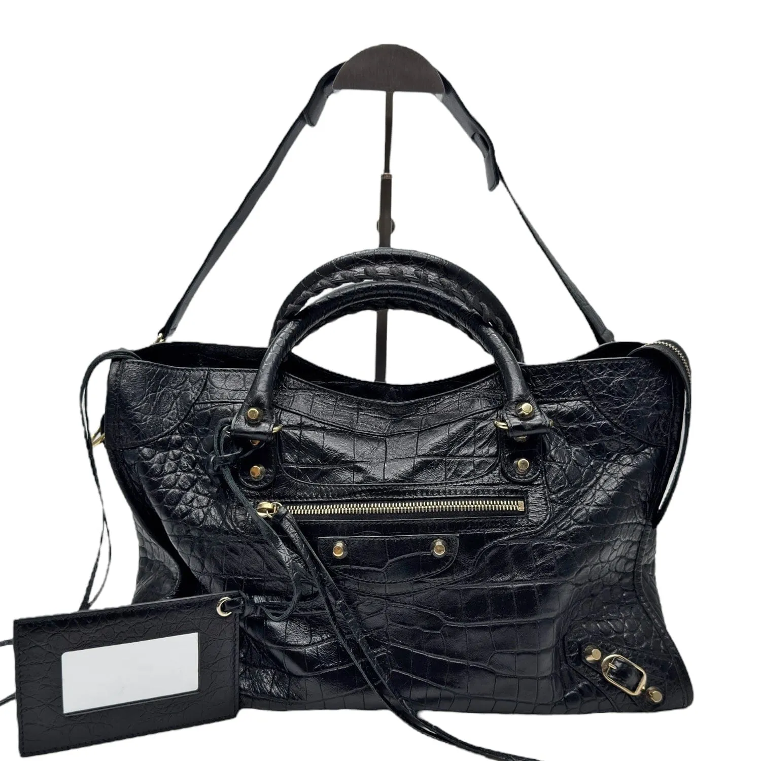 BALENCIAGA Croc-Embossed Leather City Bag - Black